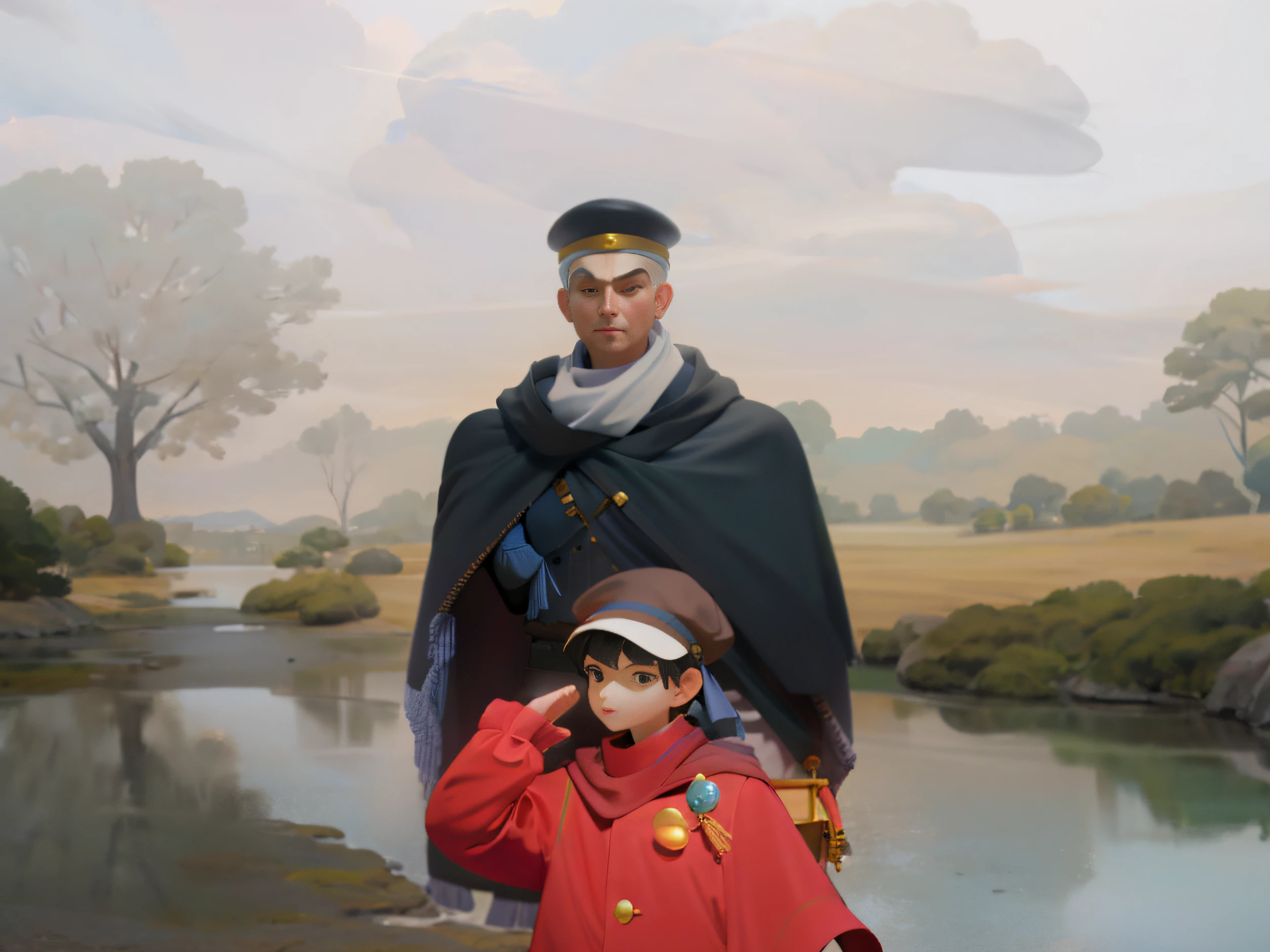 k hd，high qulity，tmasterpiece，Ahead is a young boy saluting with a hat，Wear a cape and scarf，There was an adult standing behind him，Sky clouds and a big tree in the background，Authentic anime style，Pubic area is clear，
