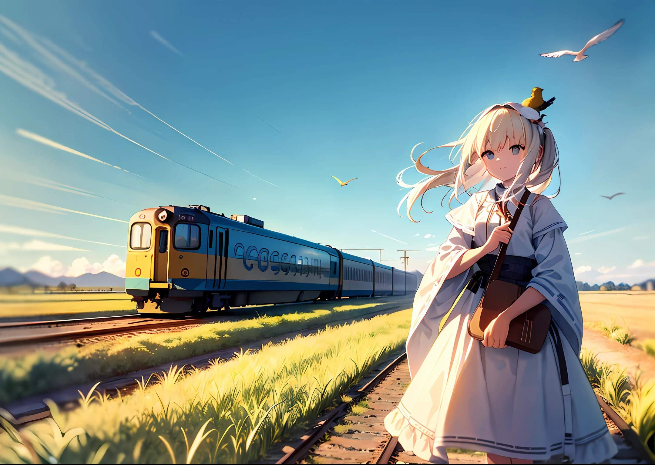 A girl walks on the railroad tracks, with the blue sky behind her, a field of wheat, and a train passing by. The girl is wearing a white traditional costume, with one hand shielding the sun and the other extended, holding a perched bird in her hand. Her hair dances in the wind.