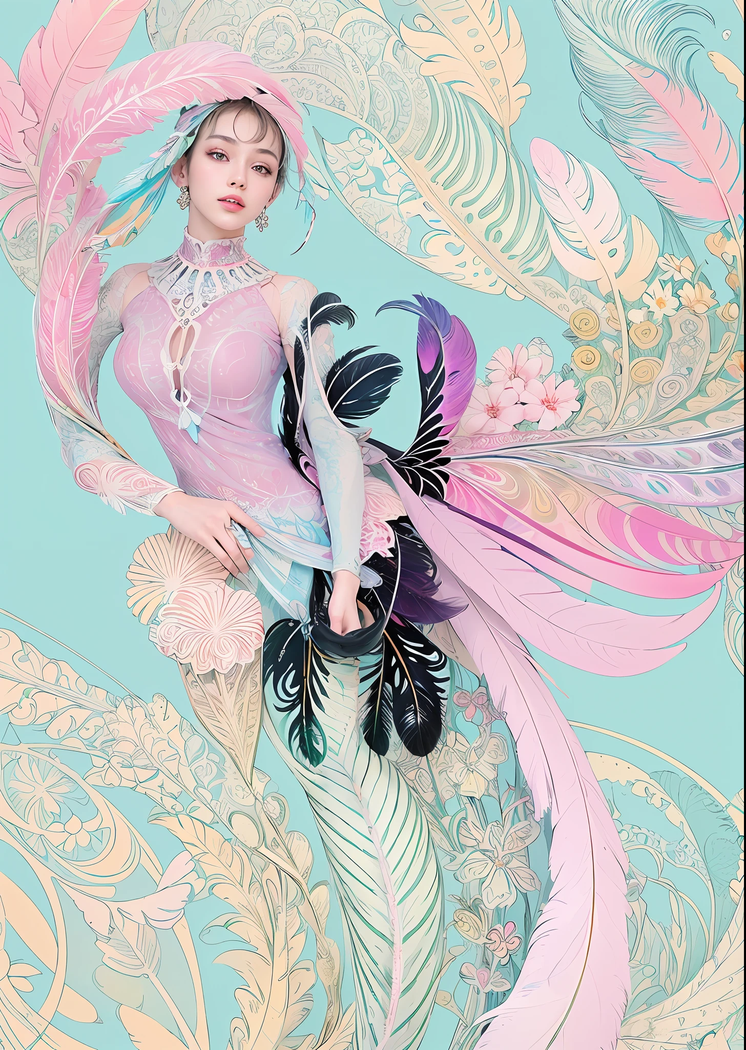 (masterpiece, top quality, best quality, official art, beautiful and aesthetic:1.2), (1girl:1.3), extremely detailed,(fractal art:1.1),(colorful:1.1)(flowers:1.3),highest detailed,(zentangle:1.2), full body, (abstract background:1.3), (shiny skin), (many colors:1.4), ,(earrings), (feathers:1.5),