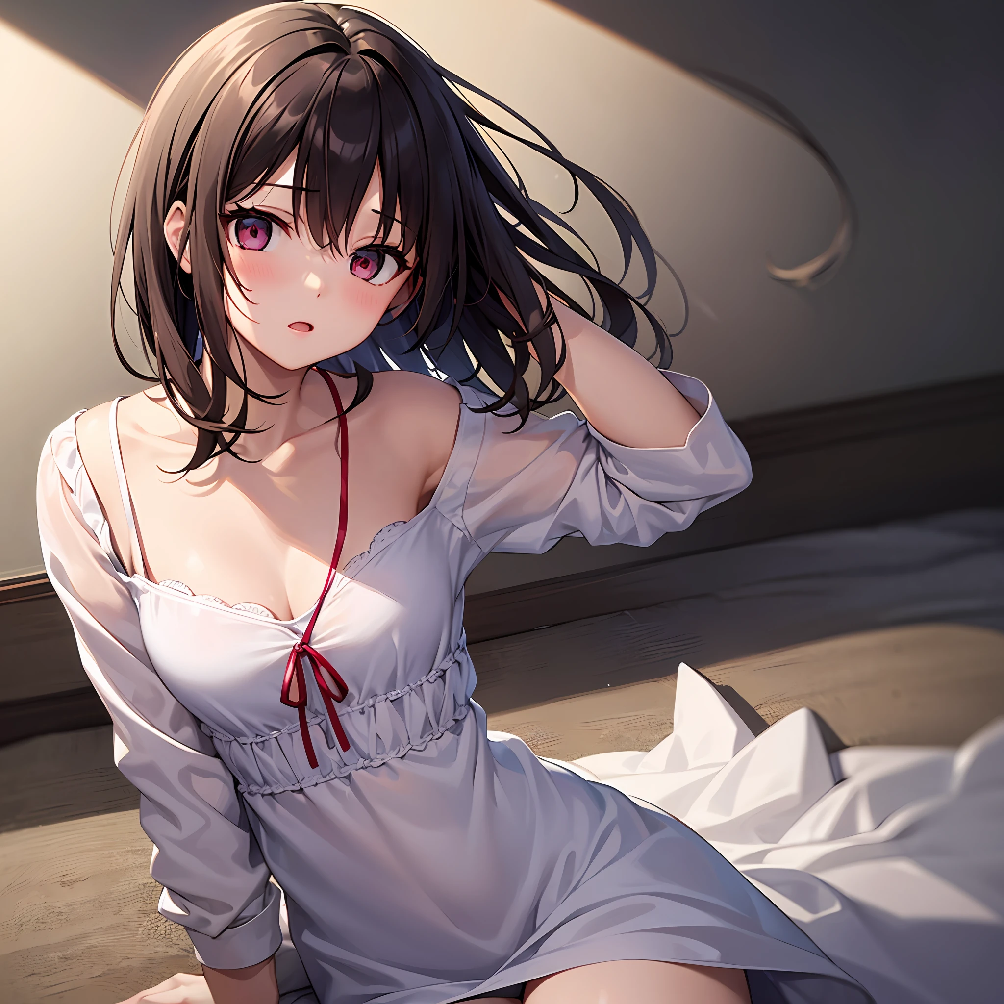 top-quality、masterpiece、1girl in、Dark hair、Akame、White clothes、dress、look down on、upper body、light skinned、a short bob、underwear is showing