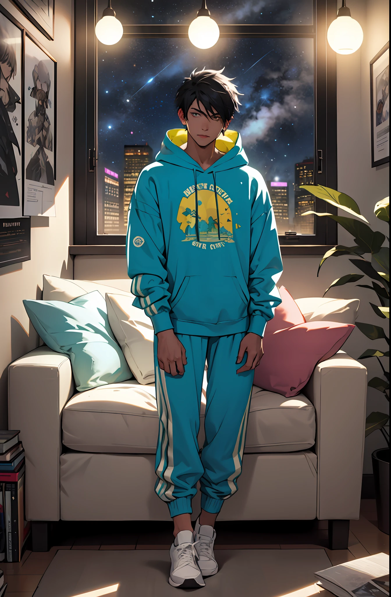 beste-Qualit, 1Woman, 独奏, Hot, grown up, hair light, Cyan eyes, Short Hair Hair, piercing eyes, the perfect body, 25 years, Sexual, winning, sitting, Window, stained glass windows, View from the window, night city, neon lights, the panorama, a starry sky, galactic, motley, Full color, феерверк, Sofa, Playful, living room, Cosy, cheery, posters, pillows, blankets, lava lamp, a table, chair, cozy atmosphere, bright colours, soft pastels, Flowers, Plants, Books, novels, plushies, Statuettes, posters, PICTURES, posters, wall scrolls, Stickers, Ornaments, bed, blankets, pillows, warm blankets, comfortable clothes, casual wear, leisure wear, hoody, sweatpants, briefs, tshirt, t shirt, ankle socks, Sneakers, curvy legs
