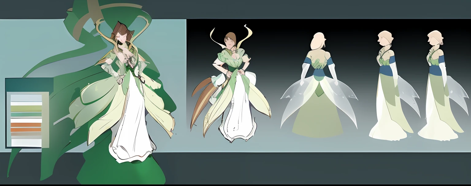 Sketch of a woman in a green dress and a man in a white shirt, clear outfit design, clothing design, Eldridge color scheme, new costume concept design, costume desig, costume design made with love, clothes themed on a peacock mage, full body concept, concept sheet, design sheet, clothing design, fashion concept art, colored concept art