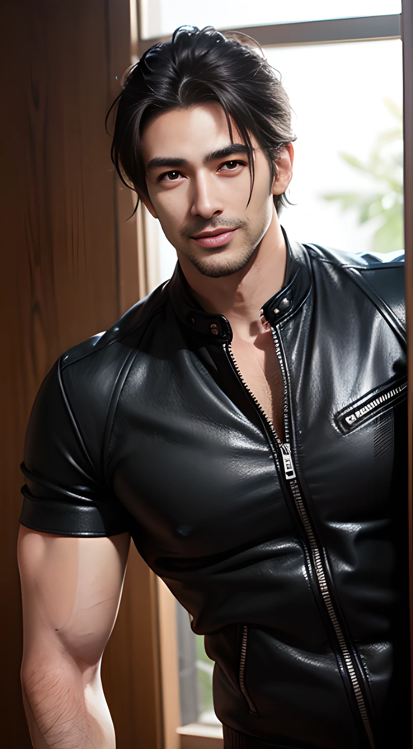 ((Men only)), (Cowboy Shot), (Negro handsome muscular man in his 30s), Negro handsome muscular man in black leather jacket on bare skin, Mischievous smile, (detaile: 1 in 1), Natural muscles, HIG quality, beautidful eyes, (Detailed face and eyes), (Face、: 1 / 2), Noise, Real Photographics、... ............................................................PSD, Sharp Focus, High resolution 8K, realisitic & Professional Photography, 8K UHD, Soft lighting, High quality, Film grain, FujifilmXT3