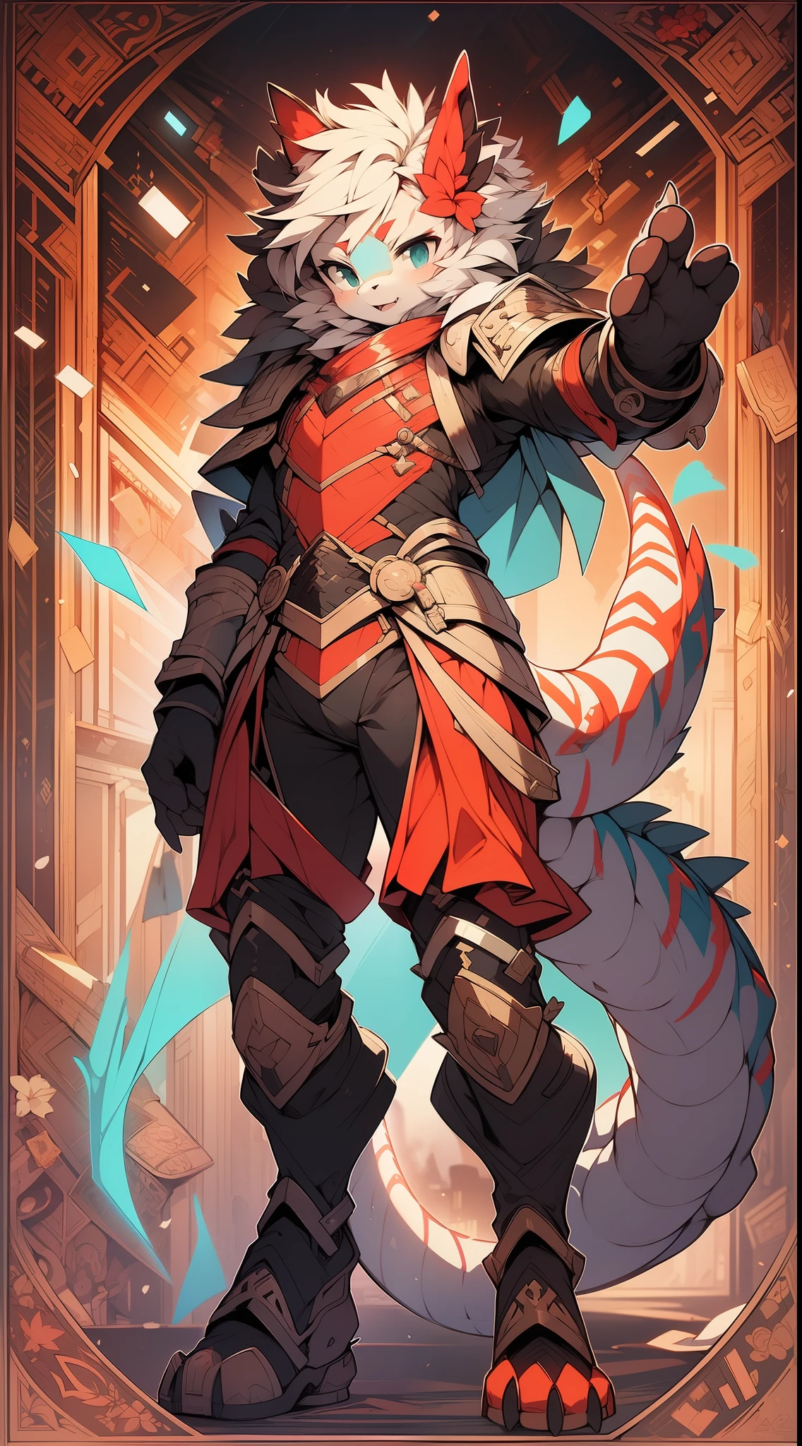 Anime style red dragon with pictures of sword and sword, draconic looking armor,Young female hominosaurus, Red demon armor, flame conjuring armored,Furry art, full body commission for,adolable,Be red in the face,Shota