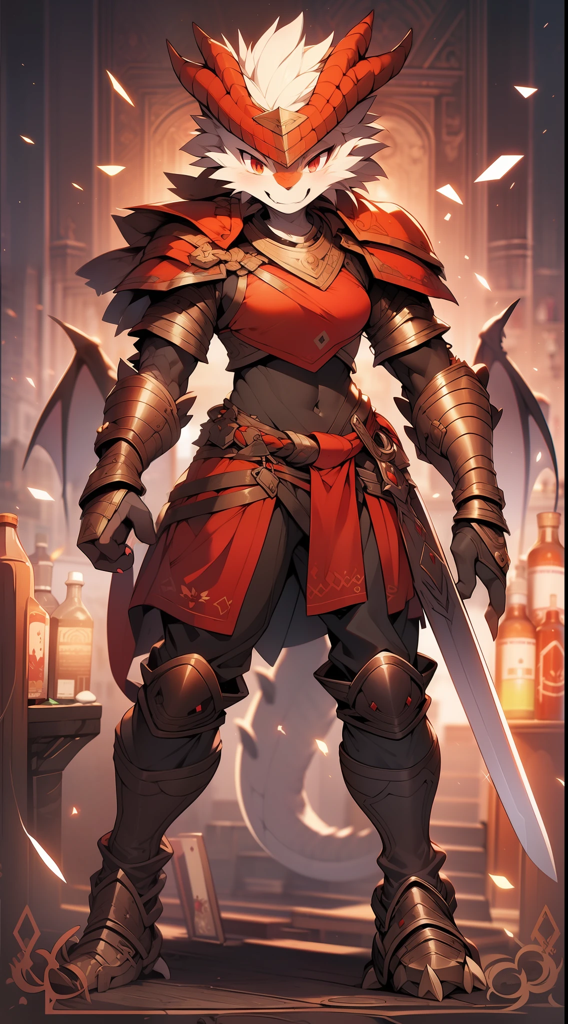 Anime style red dragon with pictures of sword and sword, draconic looking armor,Young female hominosaurus, Red demon armor, flame conjuring armored,Furry art, full body commission for,adolable,Be red in the face,Shota