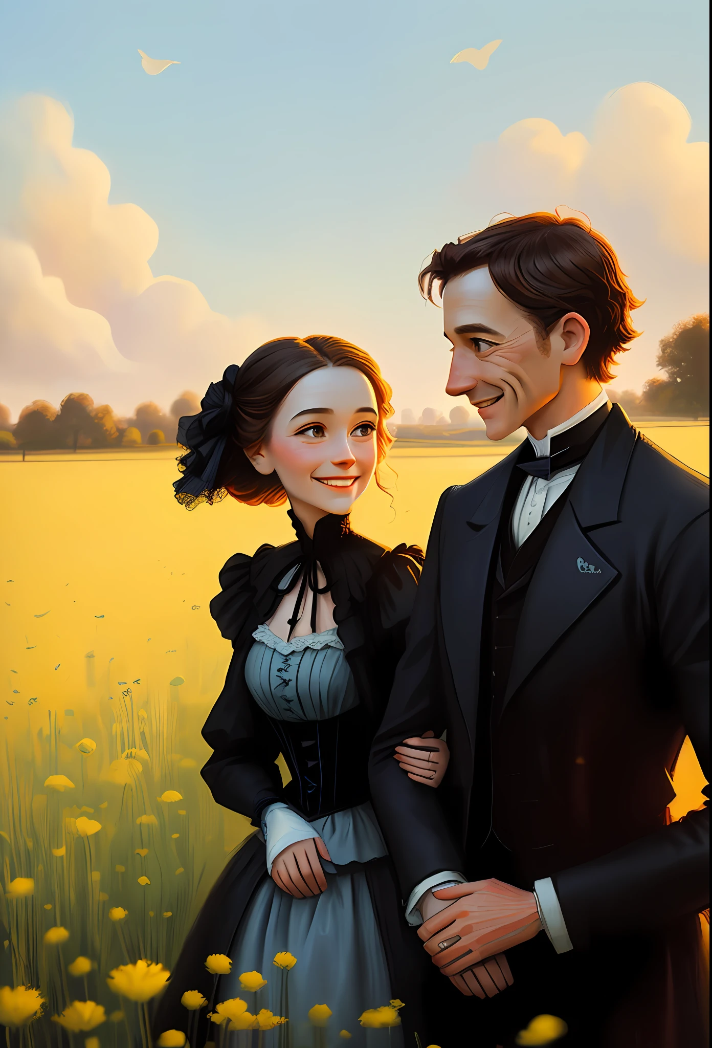 Victorian couple, talking, smiling, color field painting, backlighting, anatomically correct