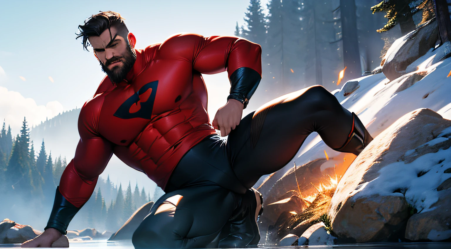 super heroes，Wear leggings and boots，The beard stands up，musculature(1.3)，The body is covered with scars(1.3)，In the desolate wilderness，Superheroes fall，The tights on his body glit with pain(1.2)la lueur de。