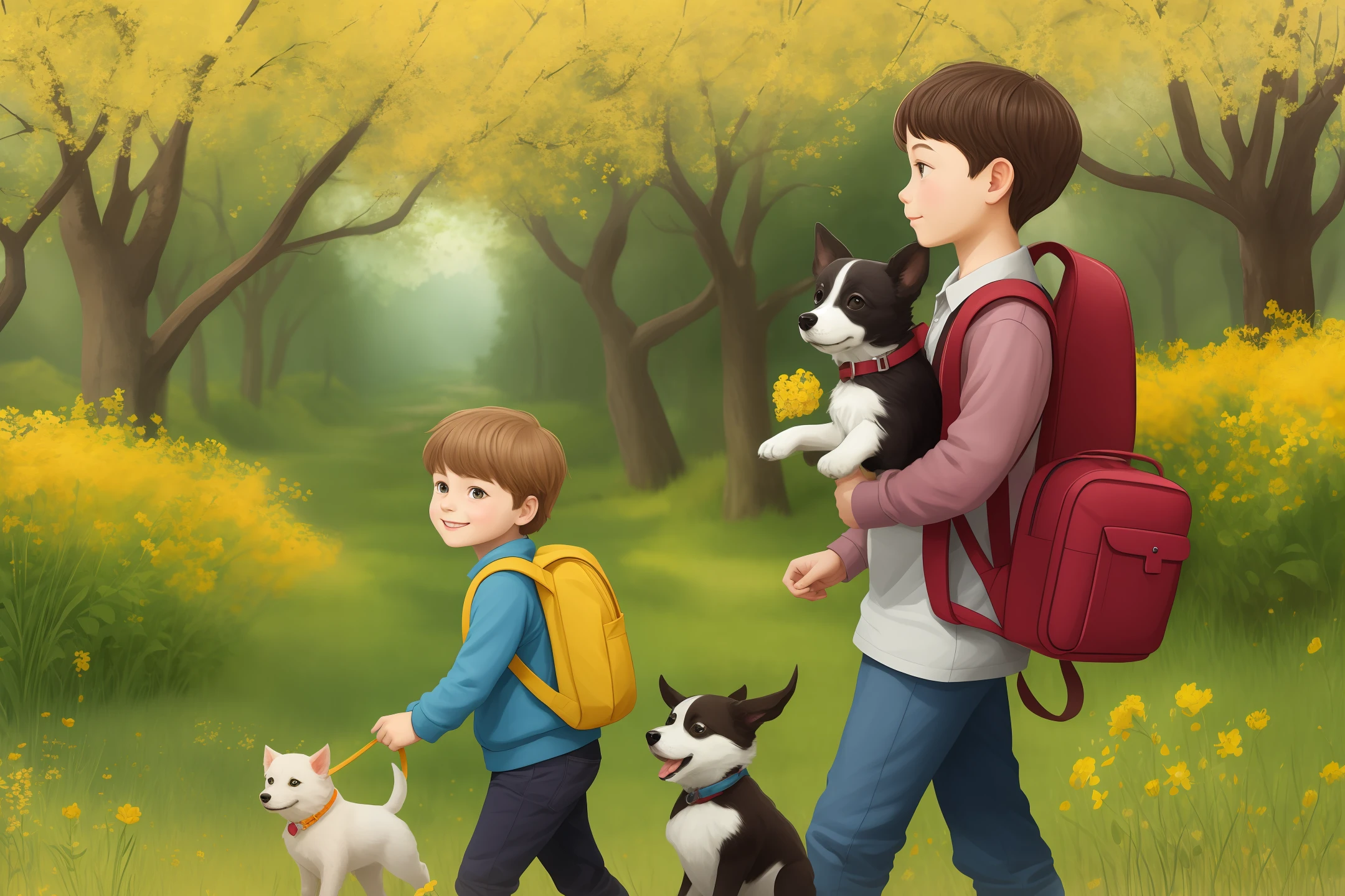 Prompt: An incredibly charming boy carrying a backpack, accompanied by her adorable puppy, enjoying a lovely spring outing surrounded by beautiful yellow flowers and natural scenery. The illustration is in high definition at 4k resolution, with highly-detailed facial features and cartoon-style visuals.