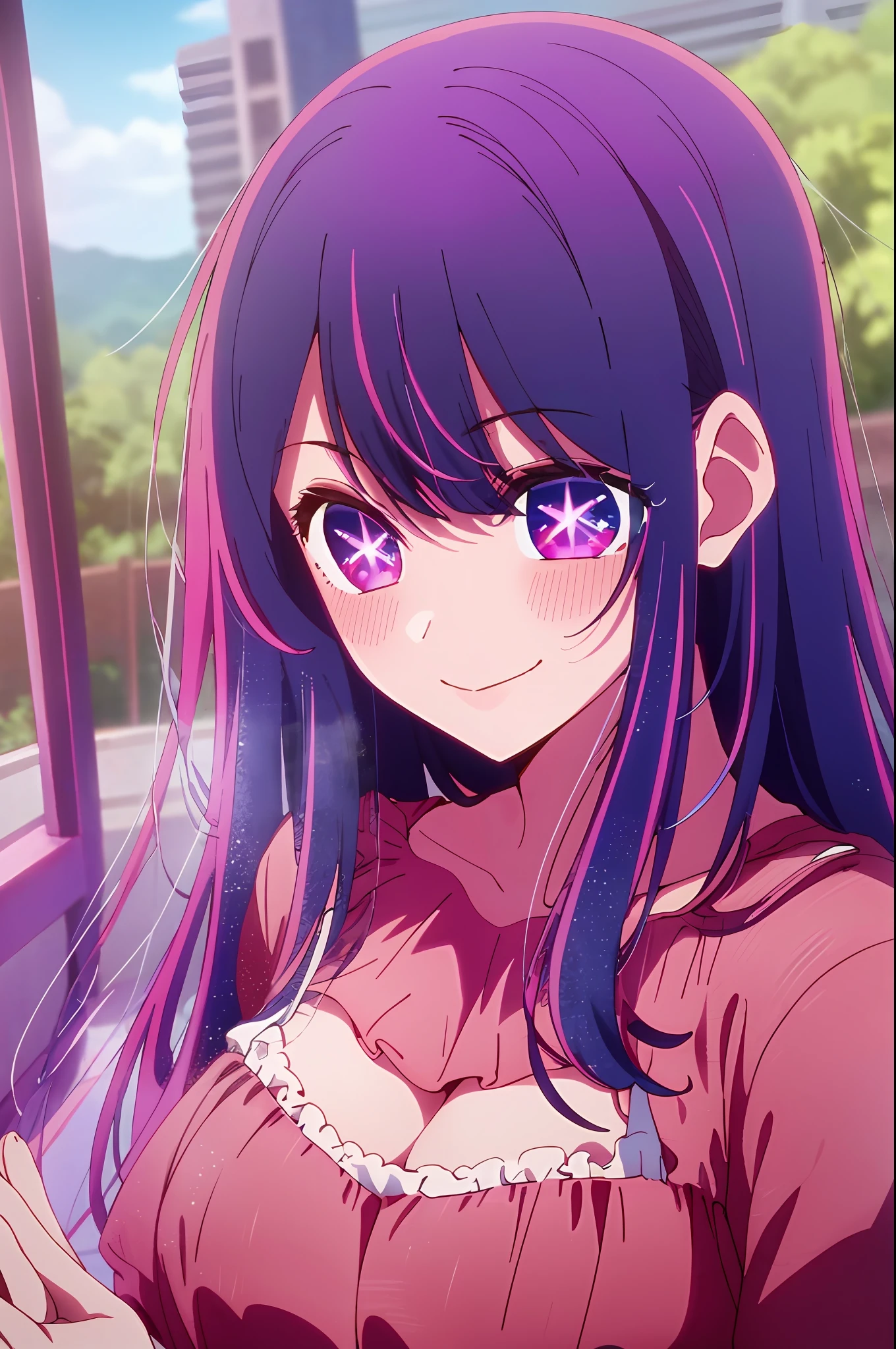 masterpiece、ighly detailed、(1 girl in:1.2)、purple color hair、pink dress、big eye、a closeup、a smile、8K
