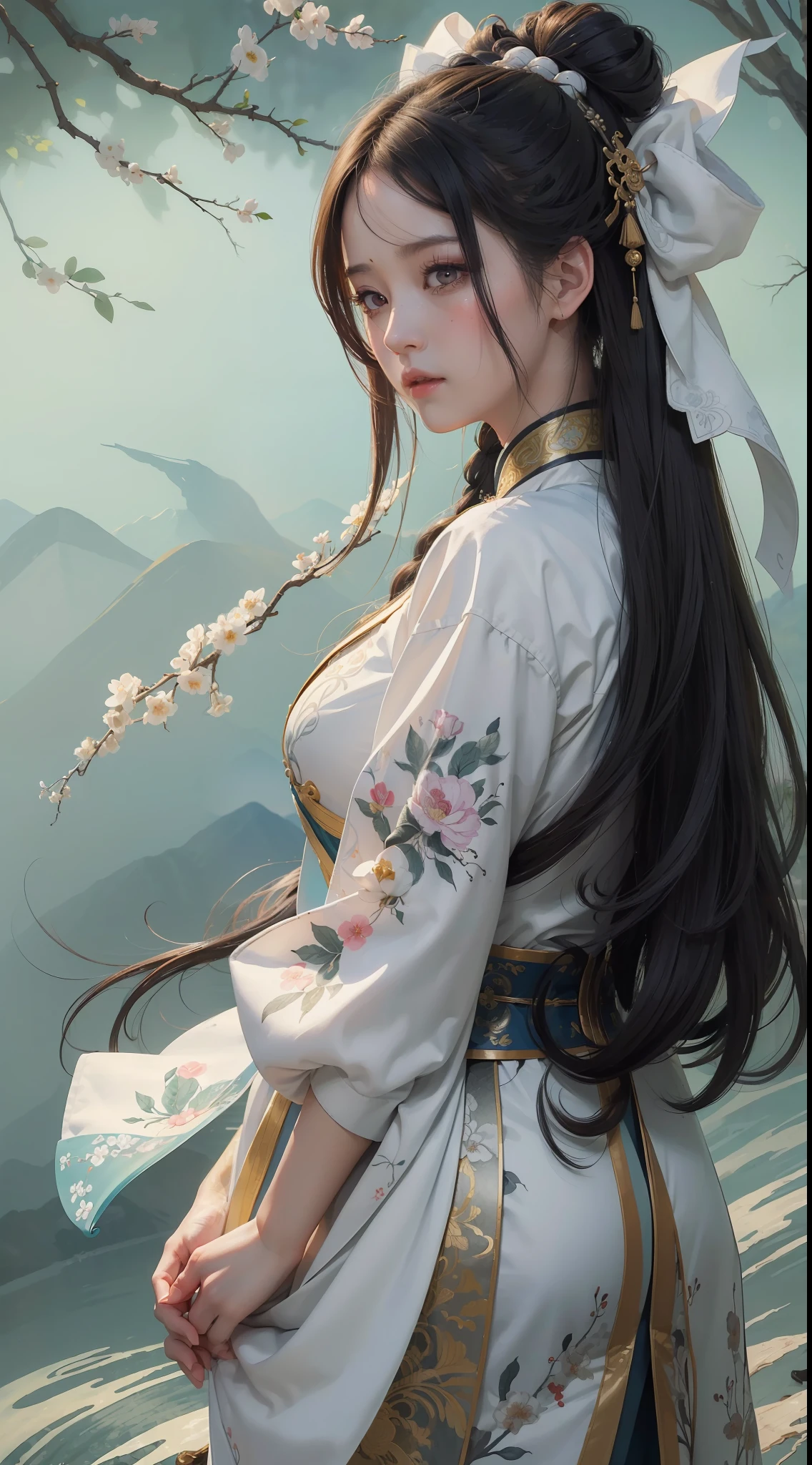 (((Masterpiece))),(((Best quality))),(((Amazing detail))),((illustration)),((8K wallpaper)),(Chinese painting),(ink painting),a girl,updo,long sideburn,flowing hair,wearing white Hanfu,white Chinese traditional clothes,standing by the lake,turn around,full body,crying,tears,black pupil,medium breasts,manga