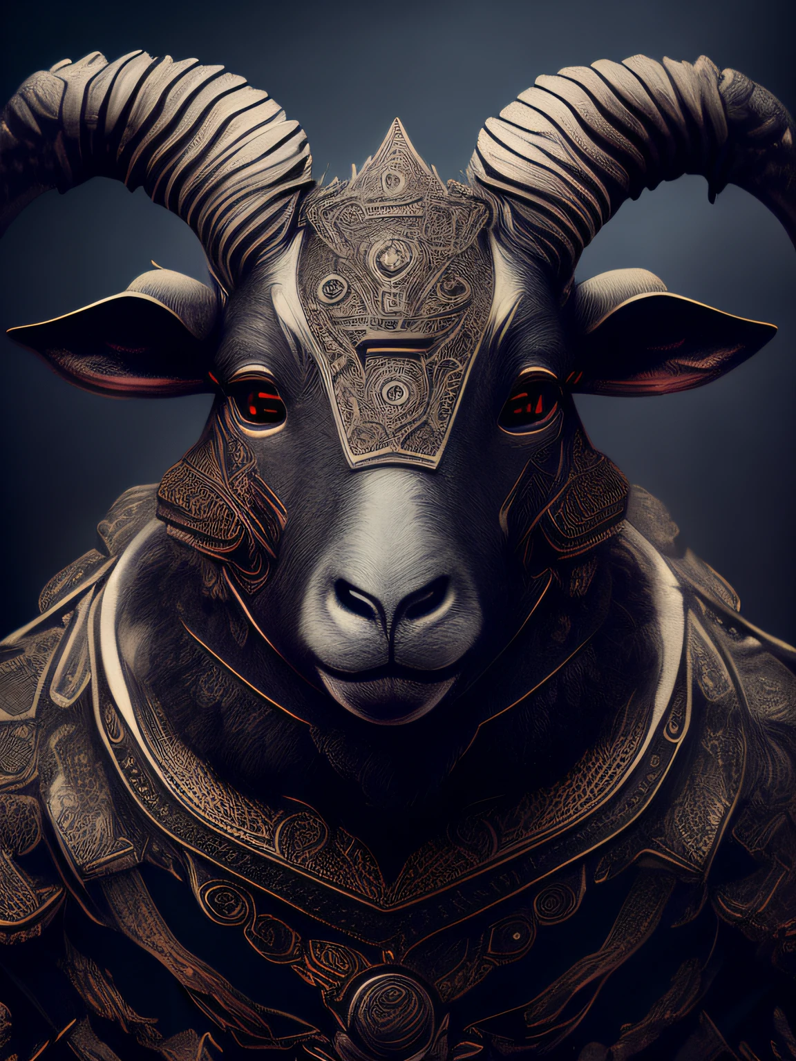 (Realistic:1.3), poster for,Intricate details, ((Cinematic light)), Animal sheep,blend,hyperealistics, Scary, Dark fantasy \(Style\), Detailed armor, Detailed helmet