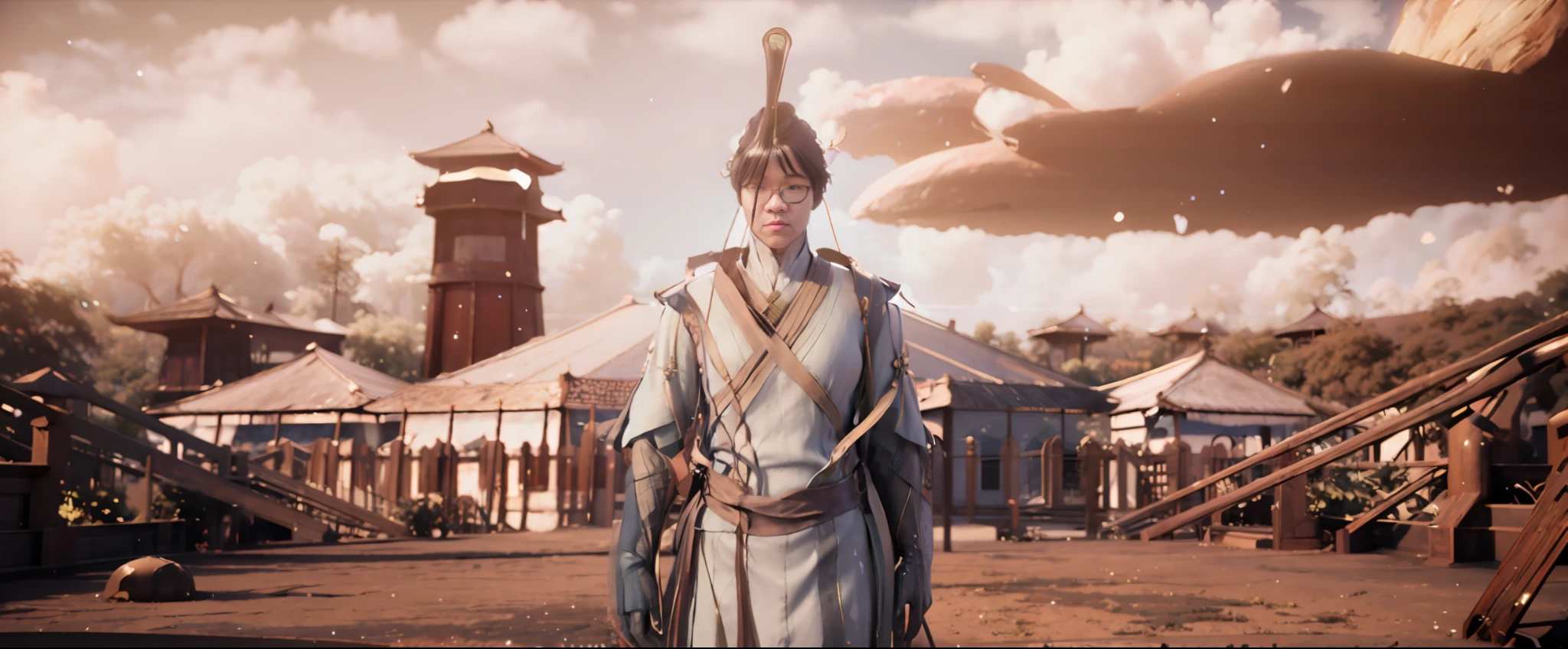 There is one wearing a white robe,Man in a white hat, inspired by Ma Shi, zhao yun, inspired by Fan Kuan, full-body wuxia, inspired by Dai Jin, lunar themed attire, Inspired by Huang Shen, fantasy style 8 k octane render, ferred - themed robes and hat, golden-white robes, Samurai clothes