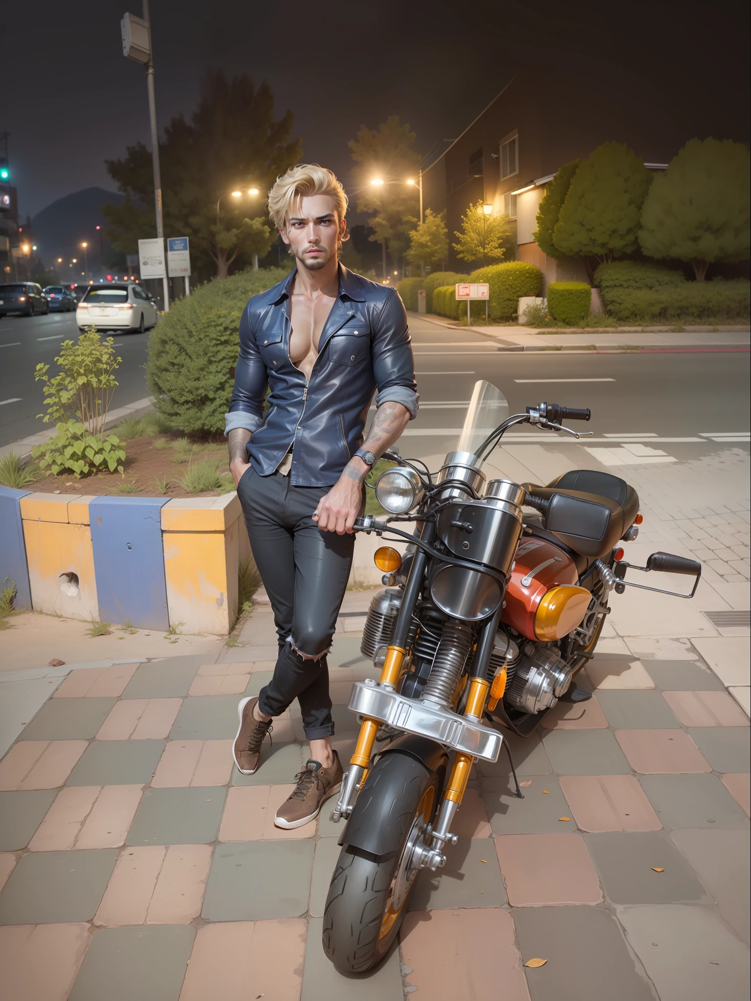 masterpiece, absurdres, best quality, highres, realistic, ground vehicle, male focus, a homoerotic man sitting on top of a motorcycle, motor vehicle, jacket, solo, tree, suburbs, (night:1.1), streetlight, blue eyes, motorcycle, blue plaid collared long sleeve open shirt, road, facial hair, very short blonde hair, black leather jacket, depth of field, pectoral cleavage, chest hair, pectorals, greaser, film grain, (rebel without a cause:1.2)