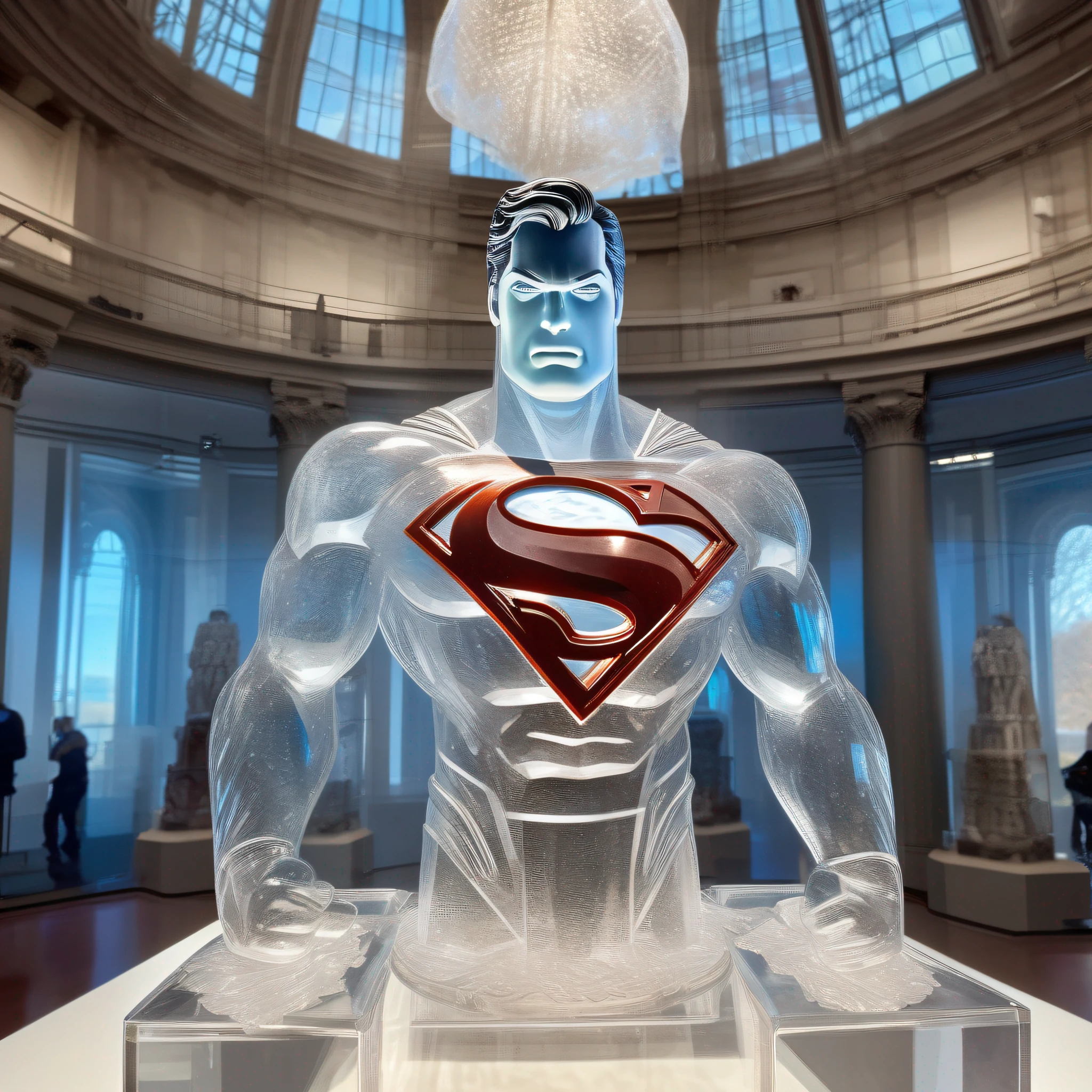 instagram photo, Superman (DC) statue in transparent crystal, wide angle, hyper detailed, crystal eyes, studio photo, made of ornate transparent crystal, on an exhibition altar, museum background