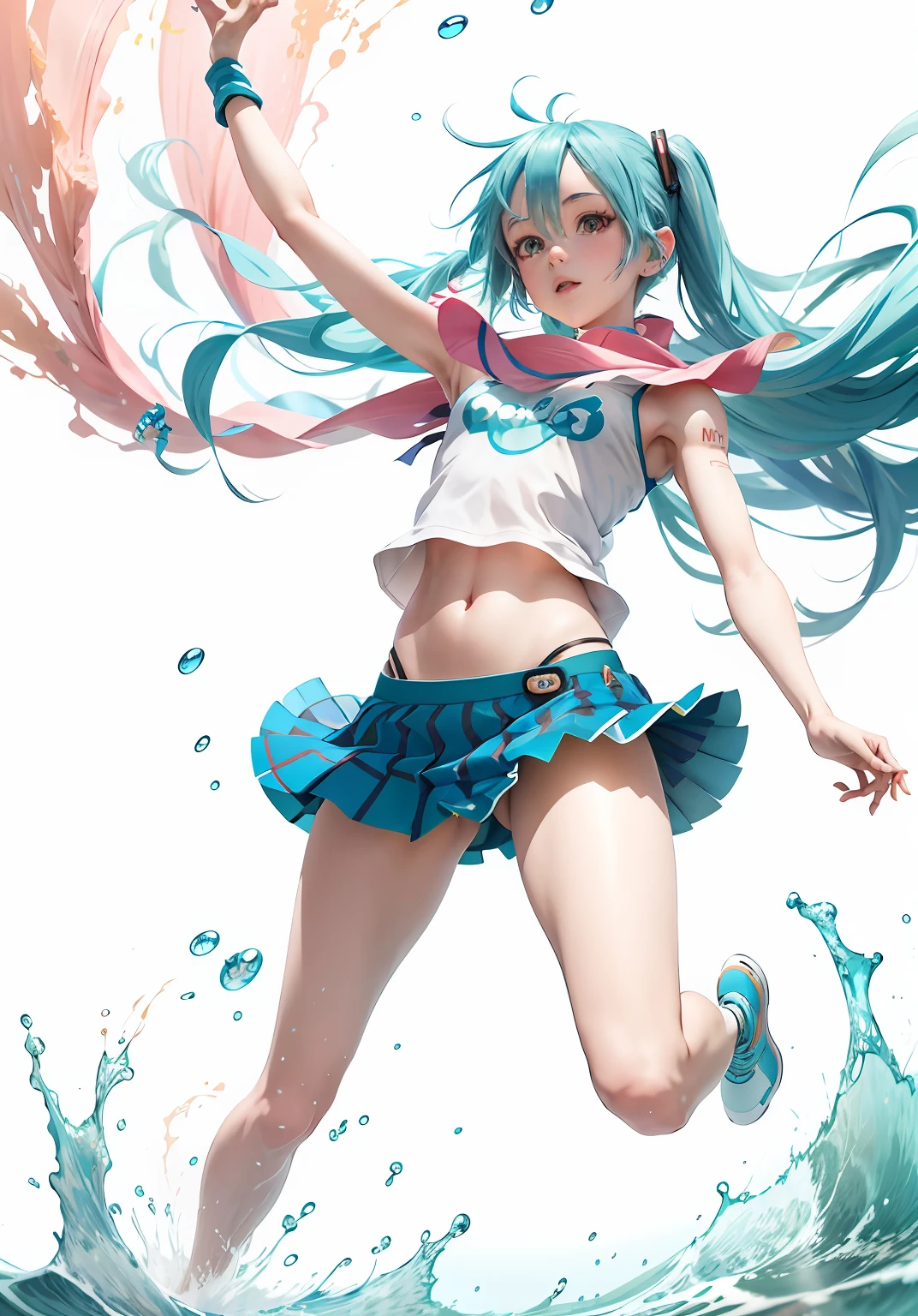 Blue haired anime girl leaping in the air on the waves, Miku, Mikudayo, Hatsune Miku, VOCALOID, Portrait of Hatsune Miku, Anime girl with teal hair, anime girl walking on water, Hatsune Miku Cosplay, by Shitao, hd artwork, hatsune miku short hair, hatsune miku portrait, pixiv 3dcg