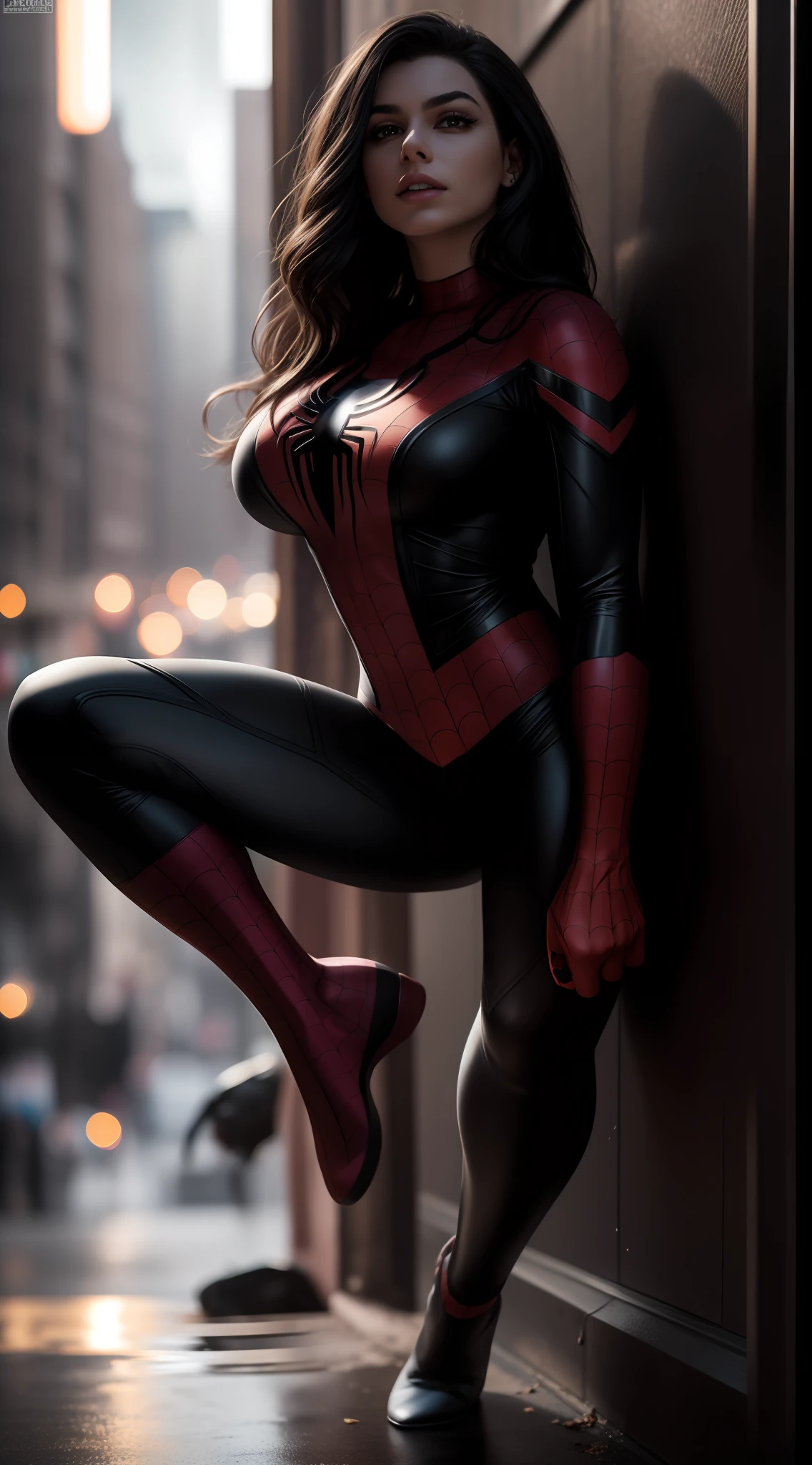 beautiful woman, costume fusion of Spider-Man and Black Cat(Black Cat Marvel), neckline, sexy, cover, rain, realistic, full body photo, prominent figure, photo (Masterpiece) (Best quality) (detail) (8K) (HD) (Wallpaper) (cinematic lightining) (Crisp focus) (Intricate), best quality, Ultra high resolution, photorealistic, full body portrait, incredibly beautiful, dynamic poses, detailed skin texture,  Highly detailed skin, detailed face, beautiful legs, large breasts, powerful.