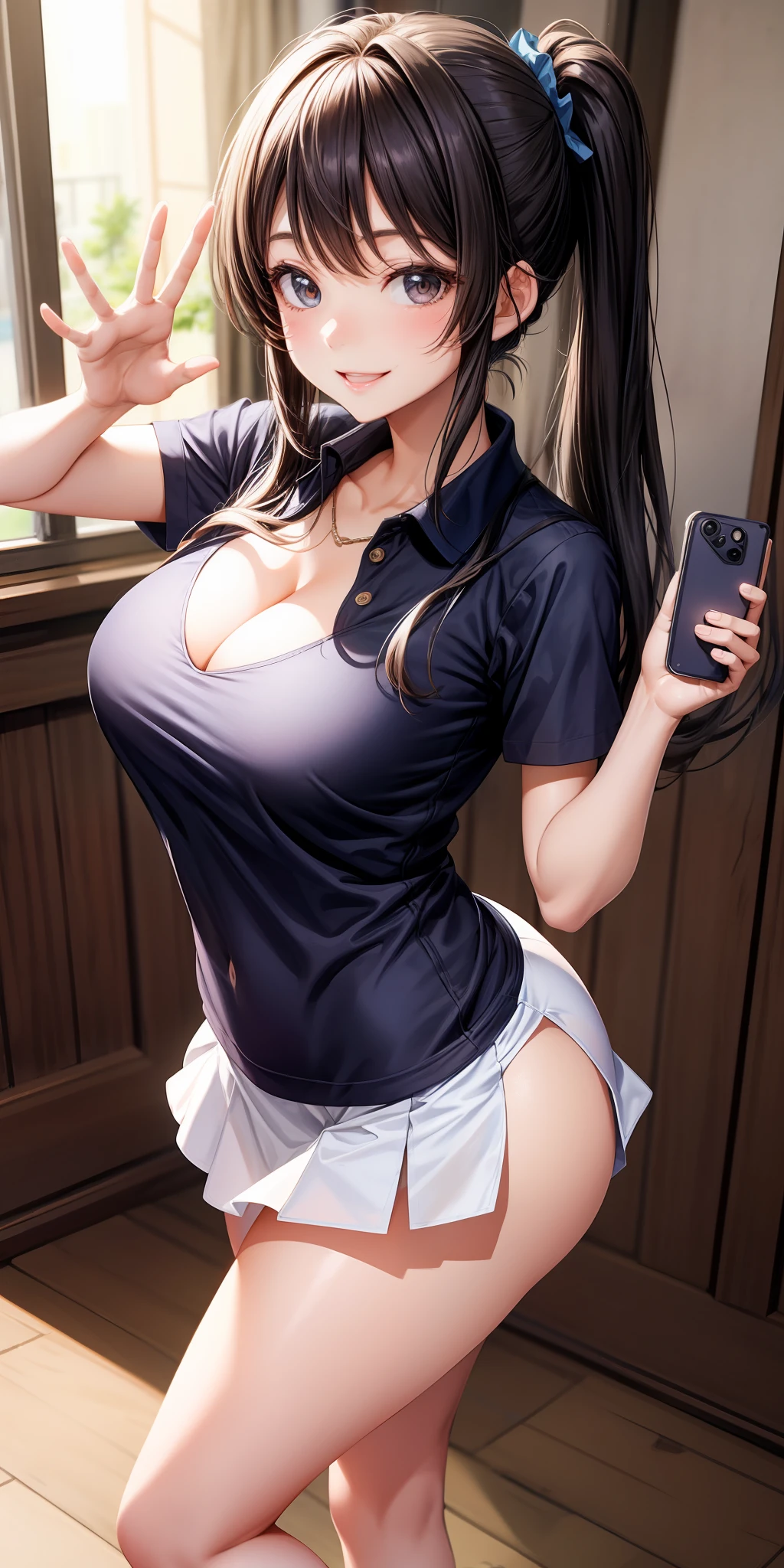 realisticlying、 1 人、selfee、Polo shirt、Wearing a miniskirt with a ruffle that emphasizes the buttocks、Breasts slightly larger、Emphasis on transparent cleavage in clothes、Smile、A sexy、Butt sticking out、Emphasis on the thighs