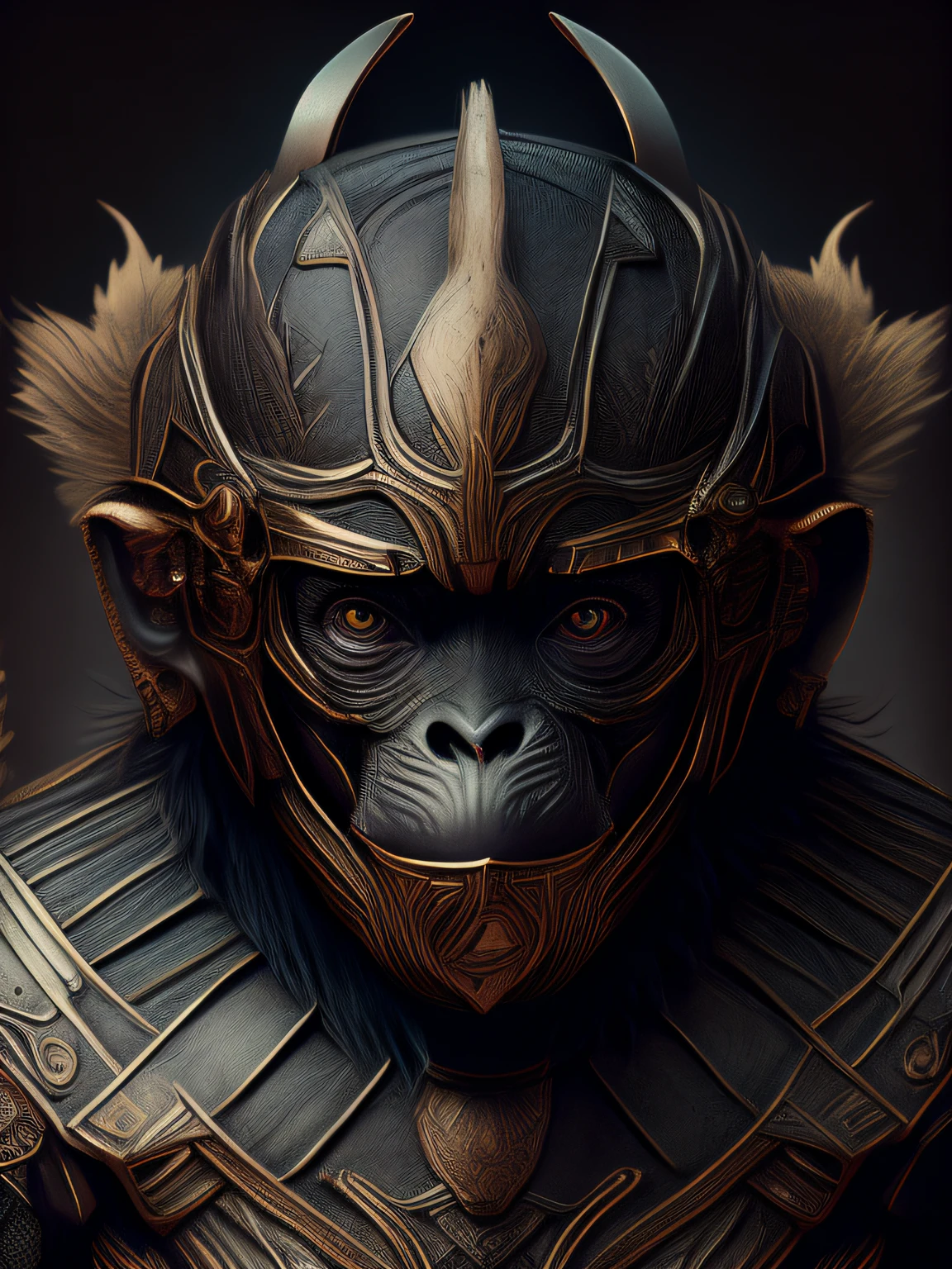 (Realistic:1.3), poster for,Intricate details, ((Cinematic light)), Animal monkeys,blend,hyperealistics, Scary, Dark fantasy \(Style\), Detailed armor, Detailed helmet