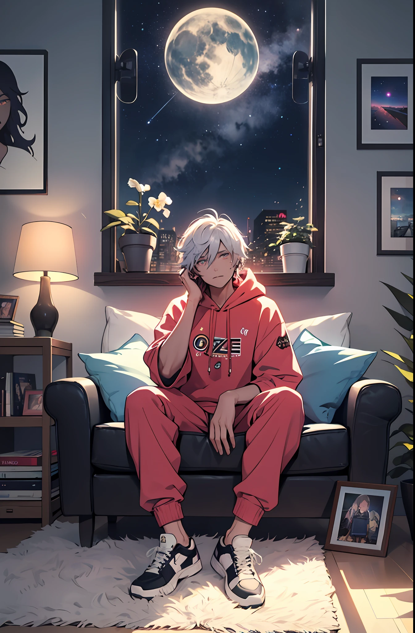 beste-Qualit, 1Woman, 独奏, Hot, grown up, hair light, Deep, detailed eyes, Cool hair, piercing eyes, the perfect body, 25 years, Sexual, winning, sitting, Window, stained glass windows, View from the window, night city, neon lights, the panorama, a starry sky, galactic, motley, Full color, феерверк, Sofa, Playful, living room, Cosy, cheery, posters, pillows, blankets, lava lamp, a table, chair, cozy atmosphere, bright colours, soft pastels, Flowers, Plants, Books, novels, plushies, Statuettes, posters, PICTURES, posters, wall scrolls, Stickers, Ornaments, bed, blankets, pillows, warm blankets, comfortable clothes, casual wear, leisure wear, hoody, sweatpants, briefs, tshirt, t shirt, ankle socks, sneakers, curvy legs