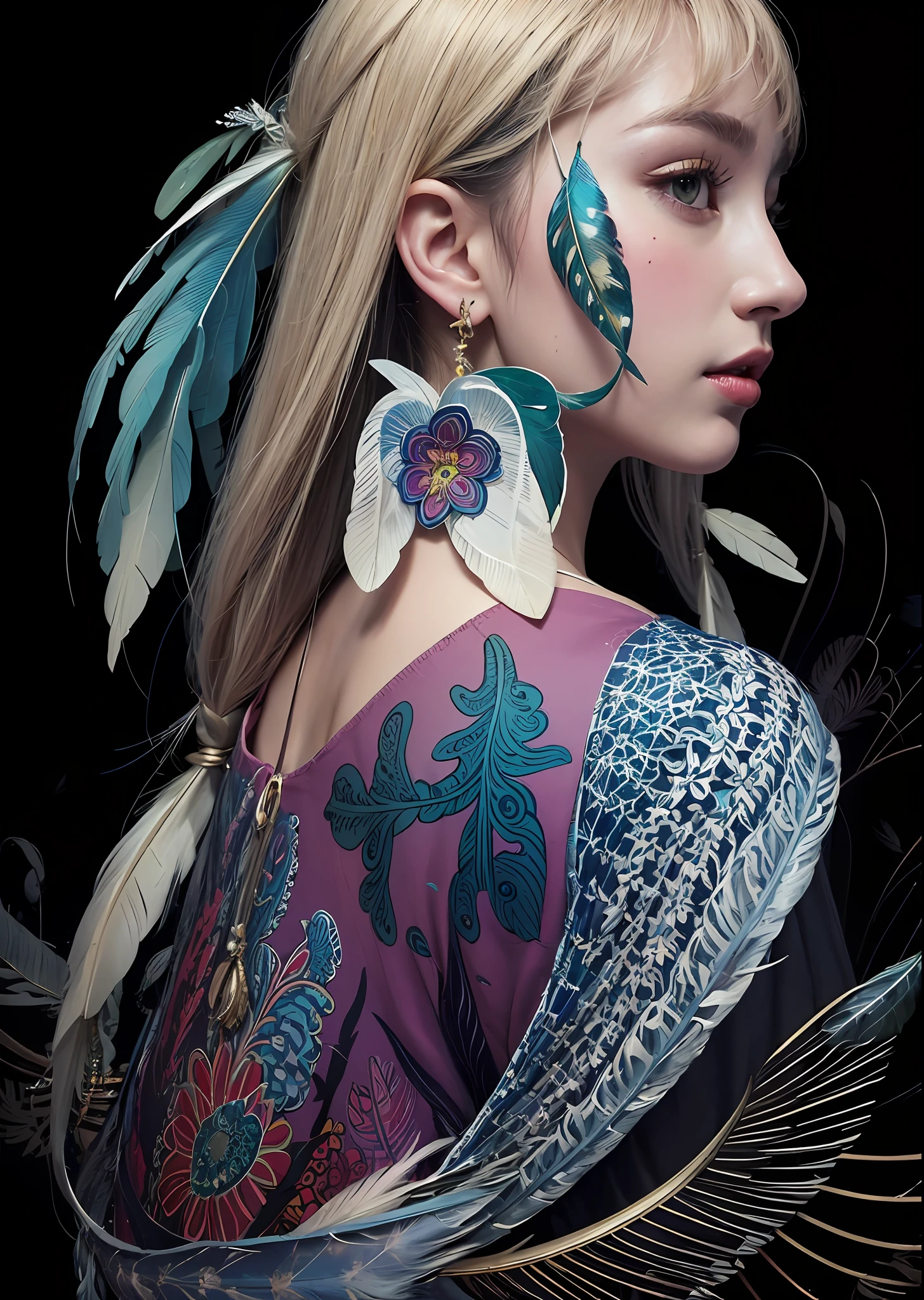 (masterpiece, top quality, best quality, official art, beautiful and aesthetic:1.2), (1girl:1.3), extremely detailed,(fractal art:1.1),(colorful:1.1)(flowers:1.3),highest detailed,(zentangle:1.2), full body, (abstract background:1.3), (shiny skin), (many colors:1.4), ,(earrings), (feathers:1.5),