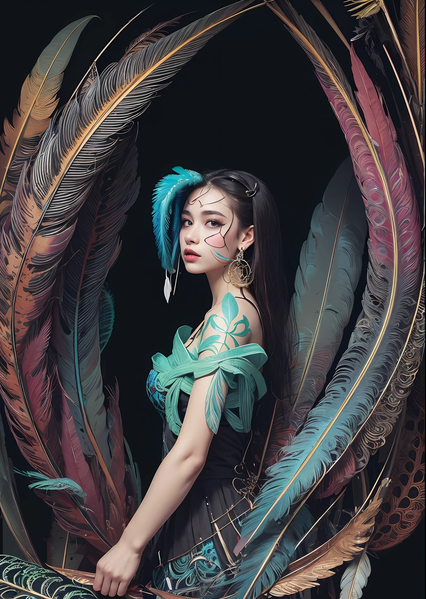 (masterpiece, top quality, best quality, official art, beautiful and aesthetic:1.2), (1girl:1.3), extremely detailed,(fractal art:1.1),(colorful:1.1)(flowers:1.3),highest detailed,(zentangle:1.2), full body, (abstract background:1.3), (shiny skin), (many colors:1.4), ,(earrings), (feathers:1.5),