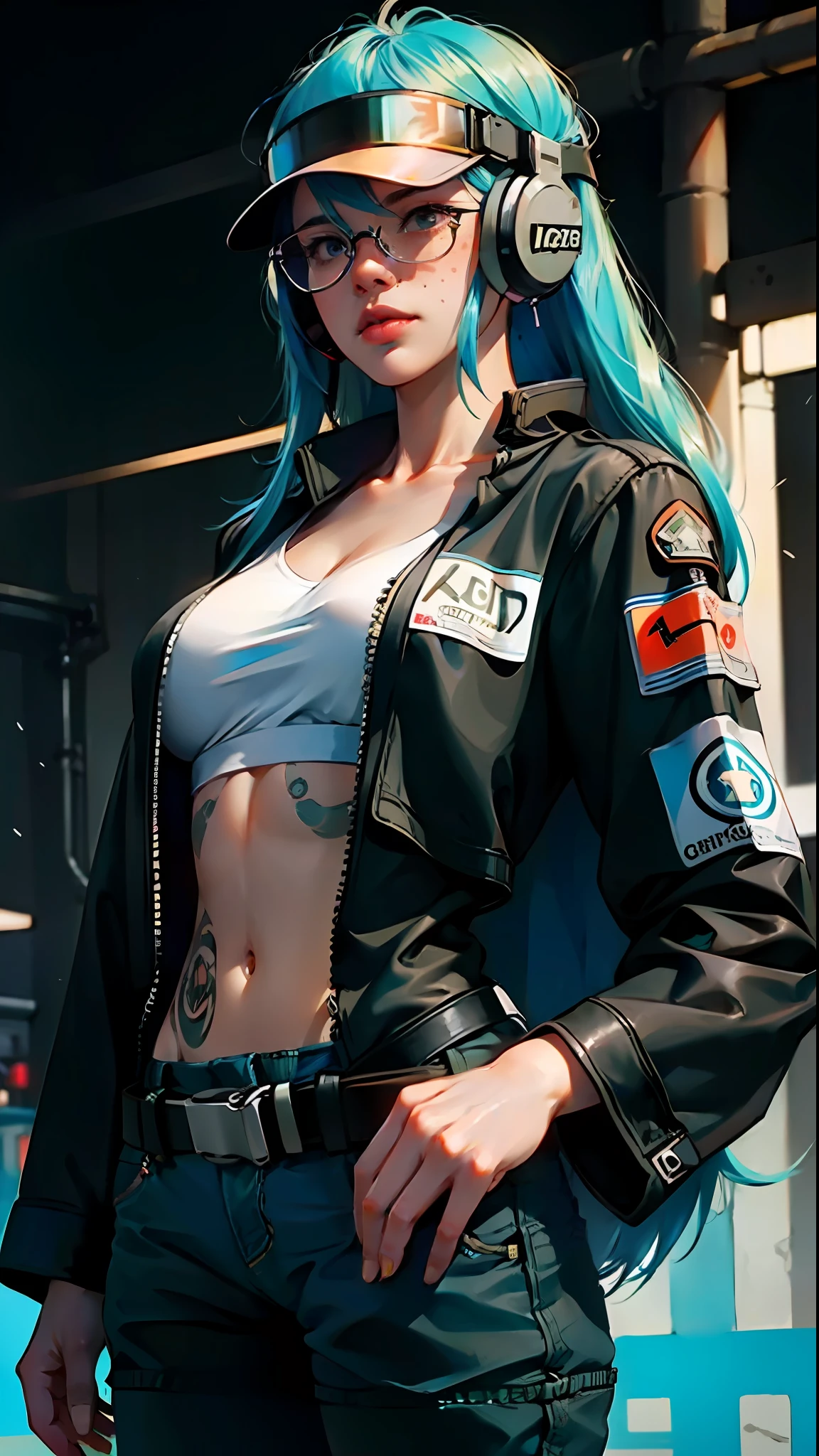 ((Best Quality)), ((Masterpiece)), ((glasses)), ((freckles)), militar pants, long hair, mature, perfect eyes:1.2, woman face, big breasts, detailed eyes:1.4, woman, hightech visor, visor, high tech, hacker, irezumi, tattoo, techwear, ((headphones)), messy hair, multicolored hair, blue hair, black jacket, gradient hair, leather clothes, (High Definition:1.3), 3D, Beautiful (Cyberpunk:1.3), Colored hair, militar, black clothes looking at camera, hacker woman, neo tokyo