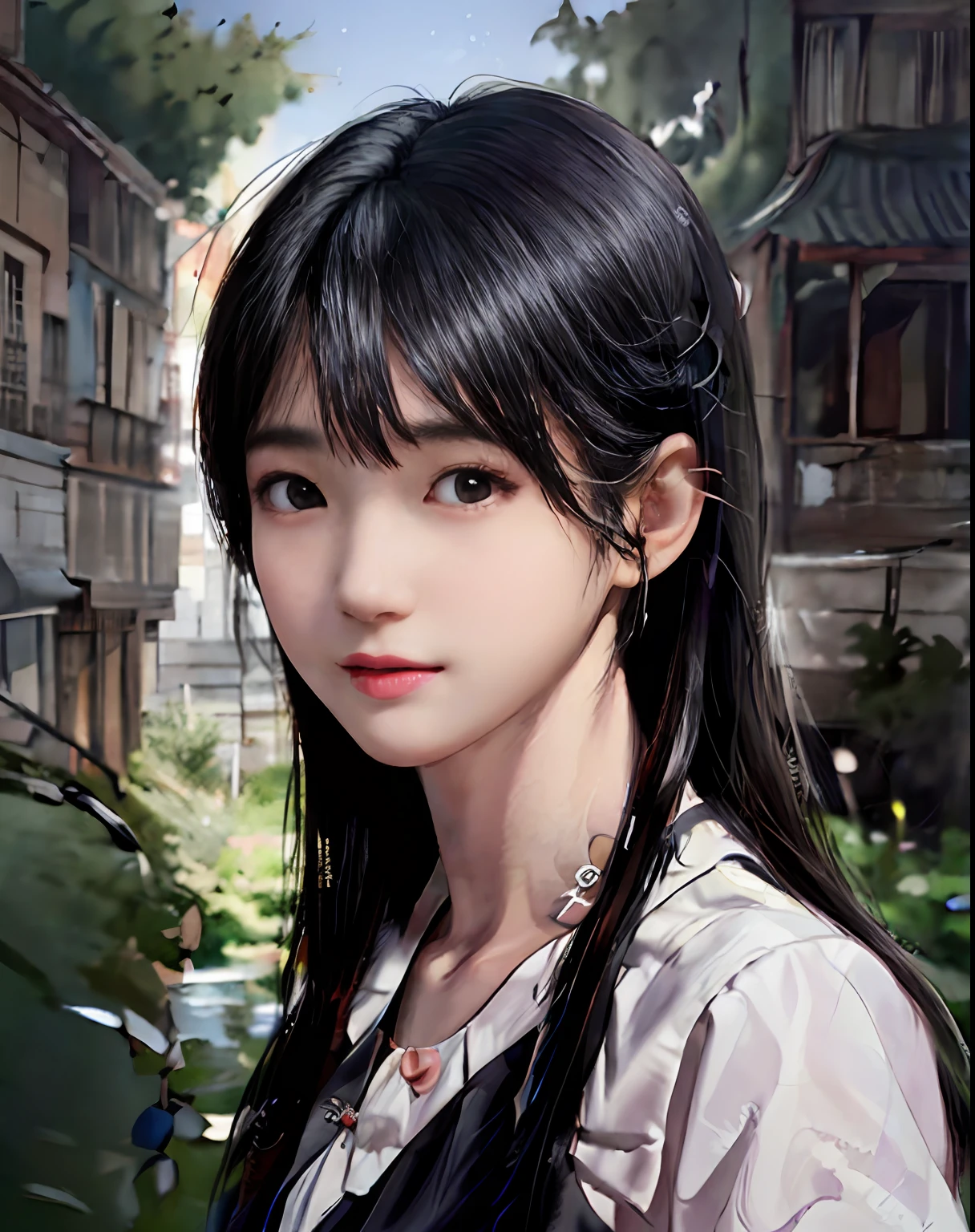 (masterpiece, best quality, beautiful portrait:1.4) of a stunning 25yo chinese 1girl, (upper body view:1.6), seductive pose, breasts:1.2, (armpits focus:1.1), solo, long black hair, bare shoulders, perfect face, perfect eyes, insanely beautiful face, happy smile, hanfu, (looking at viewer:1.6), chinese village and lake in background, colorful watercolor anime, highly detailed, ultra realistic, deep field of depth, (sharp focus:1.6), insanely intricate, 8k