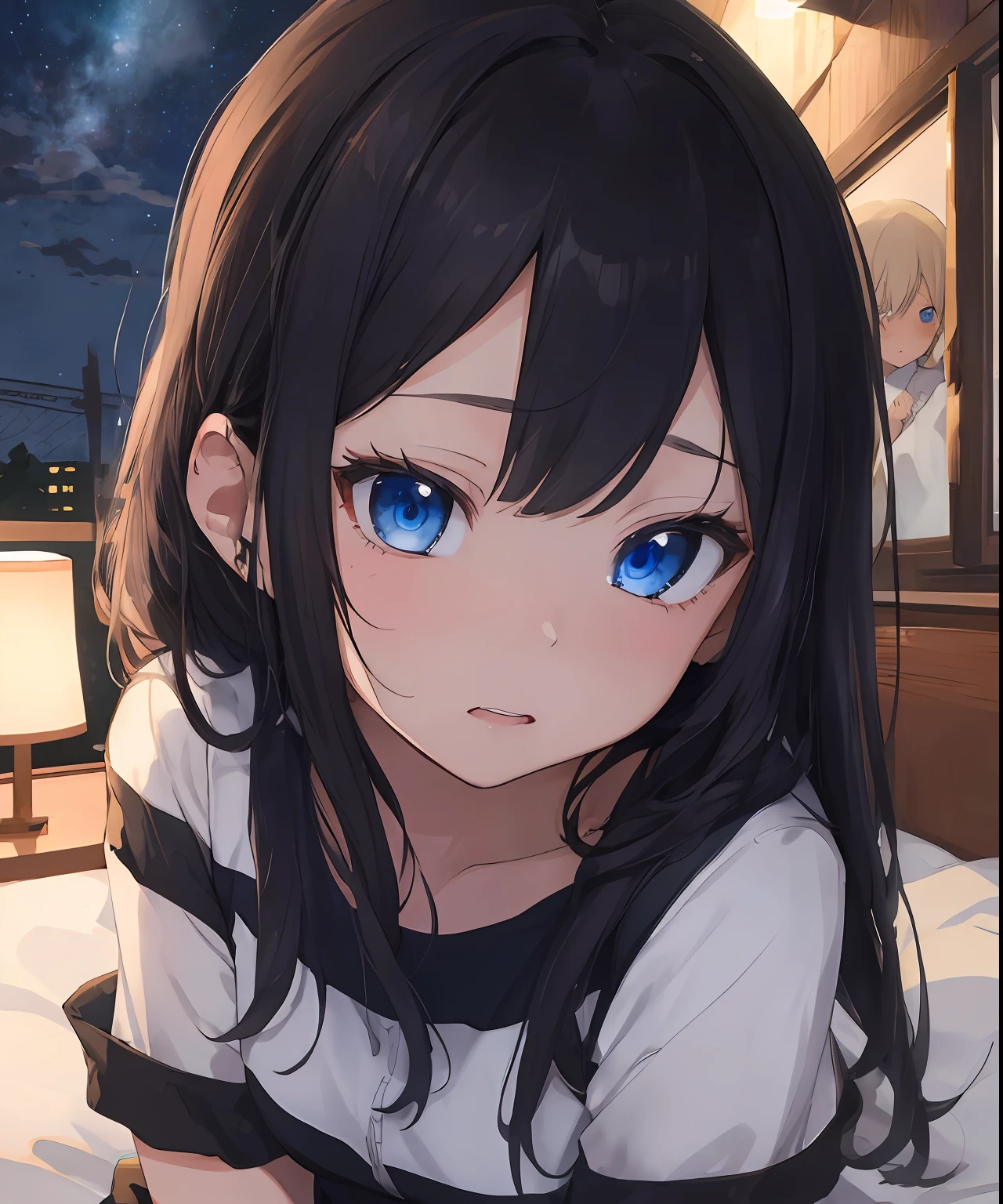 masterpiece, best quality, ultra-detailed, illustration, an extremely delicate and beautiful, cute, girl, best quality, ultra-detailed, high resolution, extremely detailed cg, anime picture, unity 8k wallpaper, pov,2girls,Night, on bed, woman with blond hair and blue eyes, woman with black hair and blue eyes, face to face, embarrassed look, love, nsfw