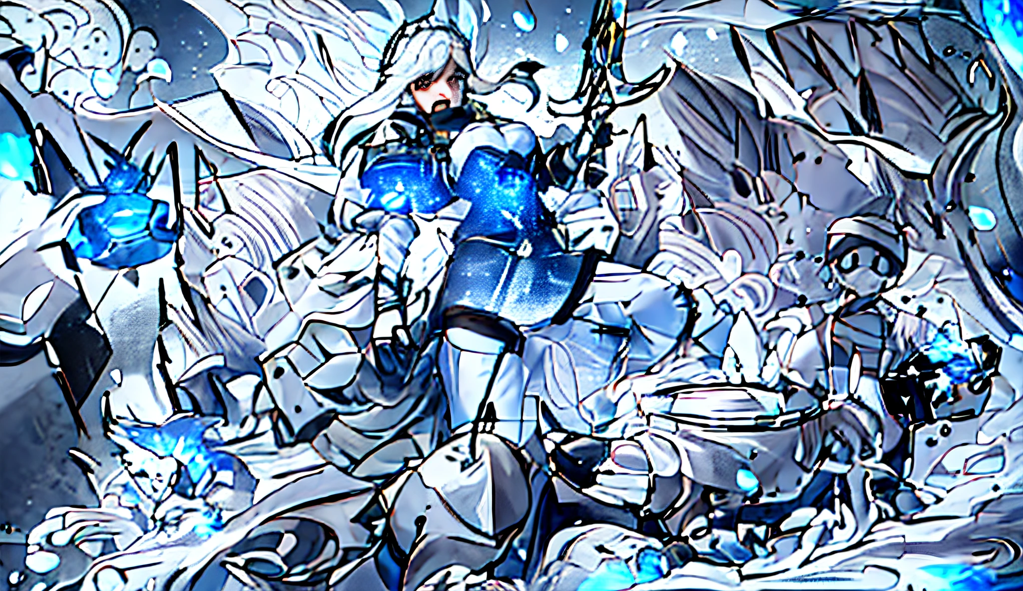 3D drawing of a group of people in a snow-covered area, Ashe, White armor, in opal armor, sliver ice color reflected armor, ferra white mecha, pale blue armor, anime big breast《kingpin》Albedo in , queen of ice and storm, covered in full silver armor, but the armor covers her face, intricate armor