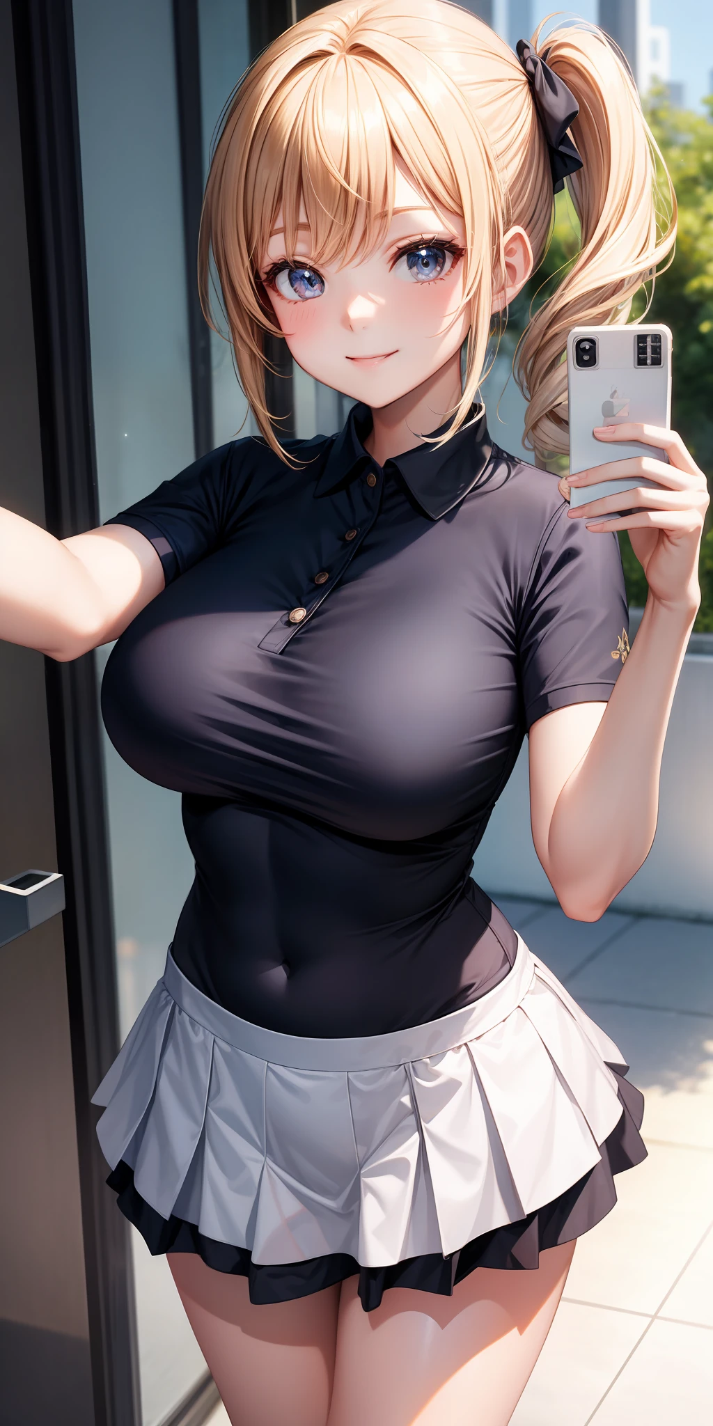 realisticlying、女の子 1 人、selfee、Polo shirt、Wearing a ruffled miniskirt、Breasts slightly larger、Emphasis on transparent cleavage in clothes、Smile、A sexy、Hair Very Short