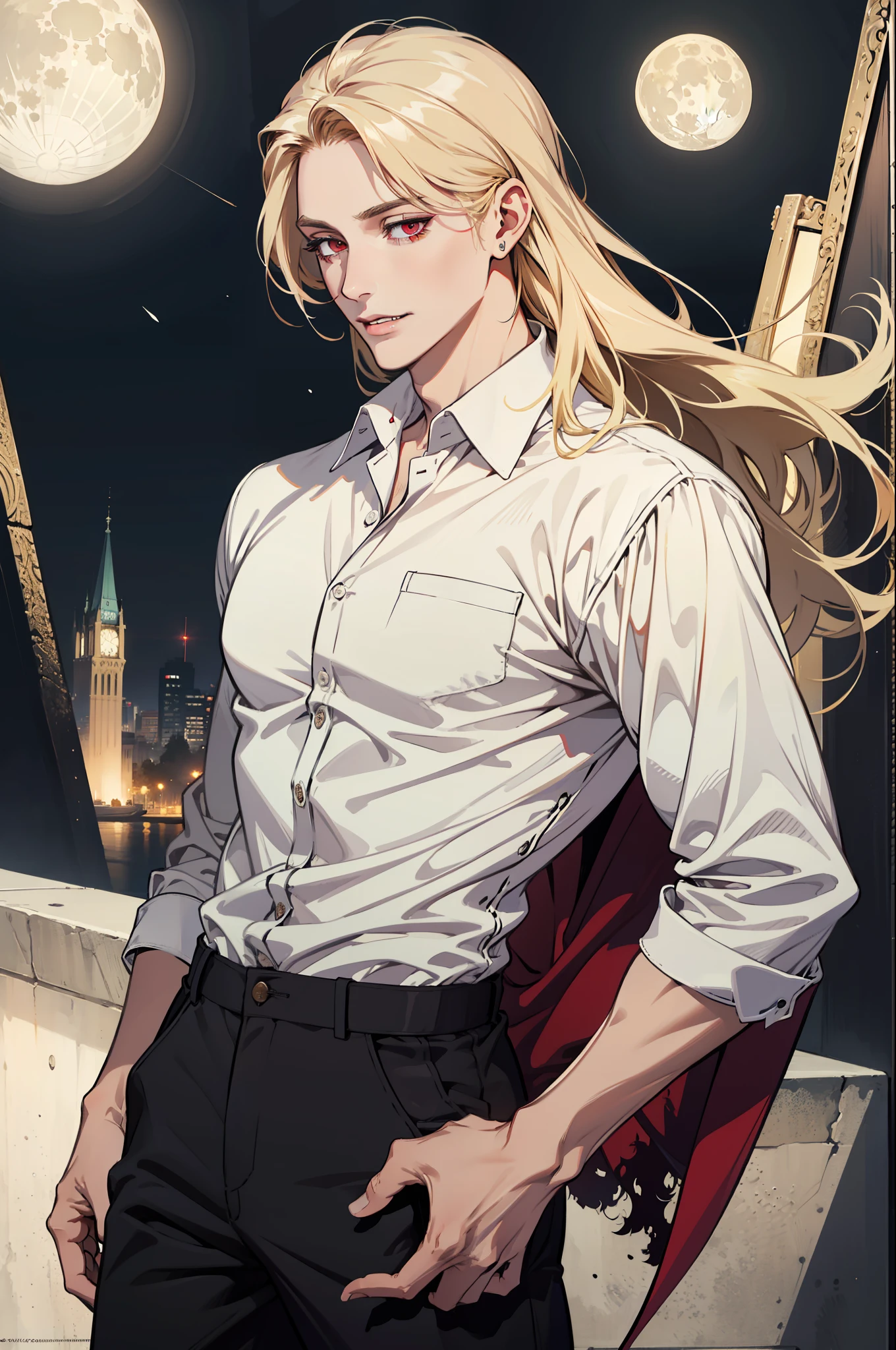 (absurdres, highres, ultra detailed), 1man, 30 years old man, adult man, handsome, tall,, finely detailed eyes and detailed face, leather pants, (((white shirt))), night, smile, dutch angle, ((long hair, blonde hair)), moon, gold details, gothic, vampire, vampire prince, dark, simple clothes, looking at the view, pale skin, red detailed eyes, (masculine), sexy, elegant, long bangs, detailed hands, (((red eyes)))