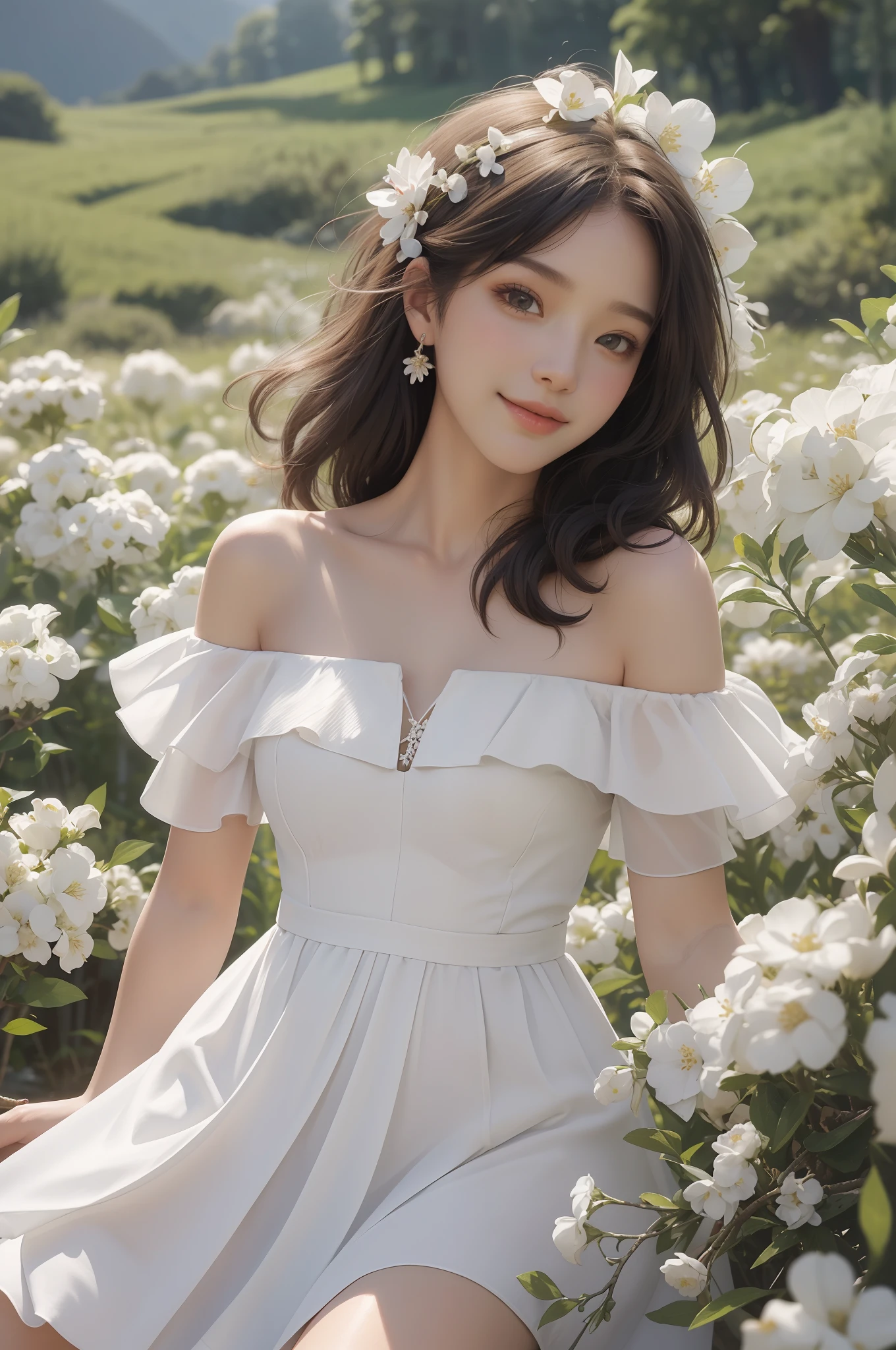 Best quality, masterpiece, ultra high res, (photorealistic:1.4), raw photo, 1girl, white dress, off shoulder, blossom flower field, glowing skin, light smile