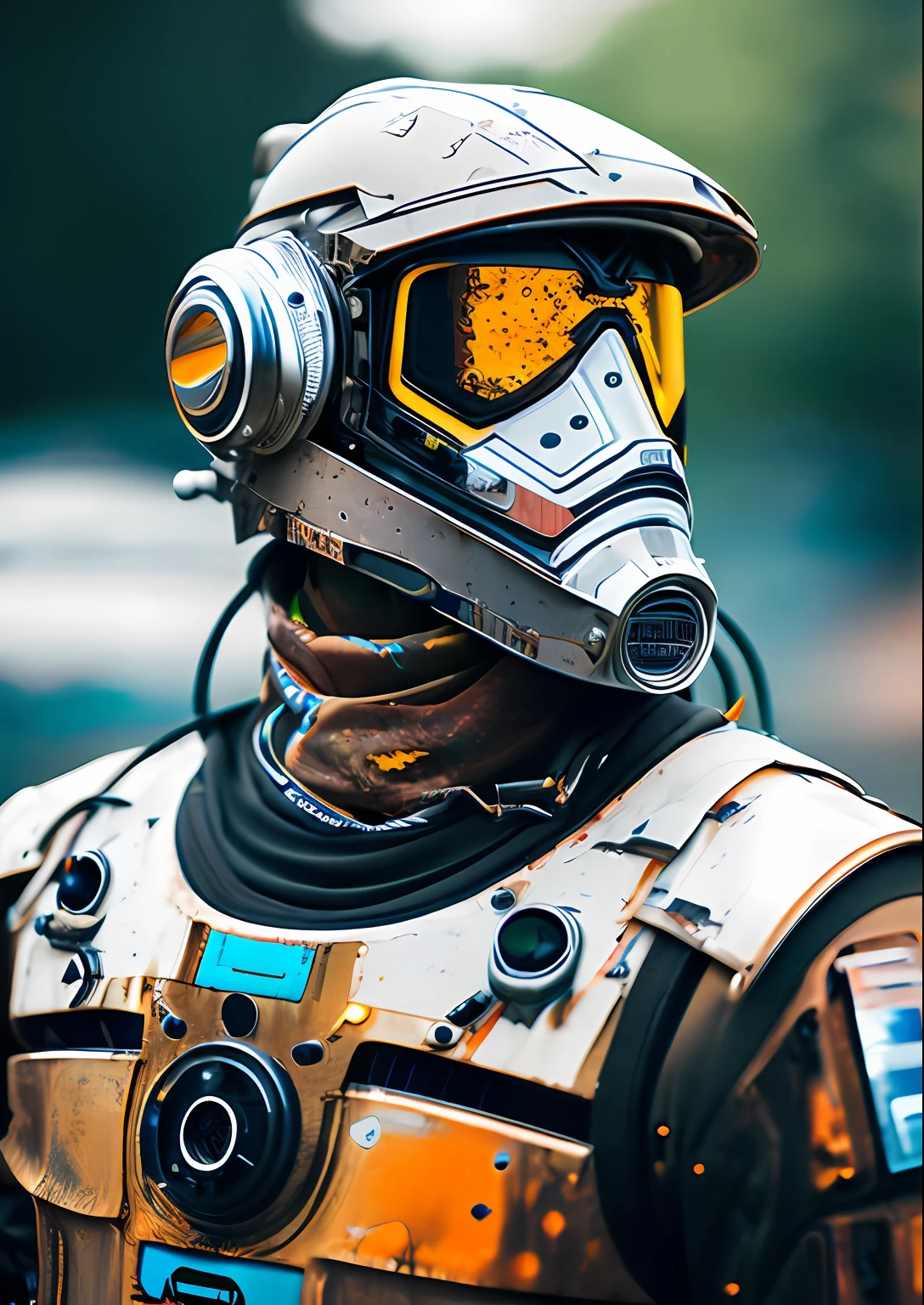 Portrait photo of transparent camo worn mech suit, ((light bokeh)), intricate, ((translucent) liquid water [rust]), elegant, sharp focus, photo by greg rutkowski, soft lighting, vibrant colors, masterpiece, ((streets)), detailed face