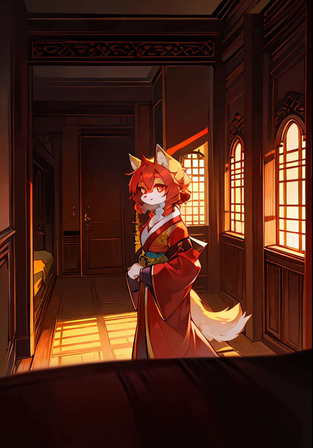 Bright eyes，in a panoramic view，Character Spotlight。Detailed background dominates（0.7），Female solo，Furry women come into focus，anthr。（Full Body Furry、Fluffy tail、Yellow fur、red - eyed、Redhead 1.2）（Long Canine、Kimono and cloak 1.2）（inside in room、the night、Castle 1.1）。
