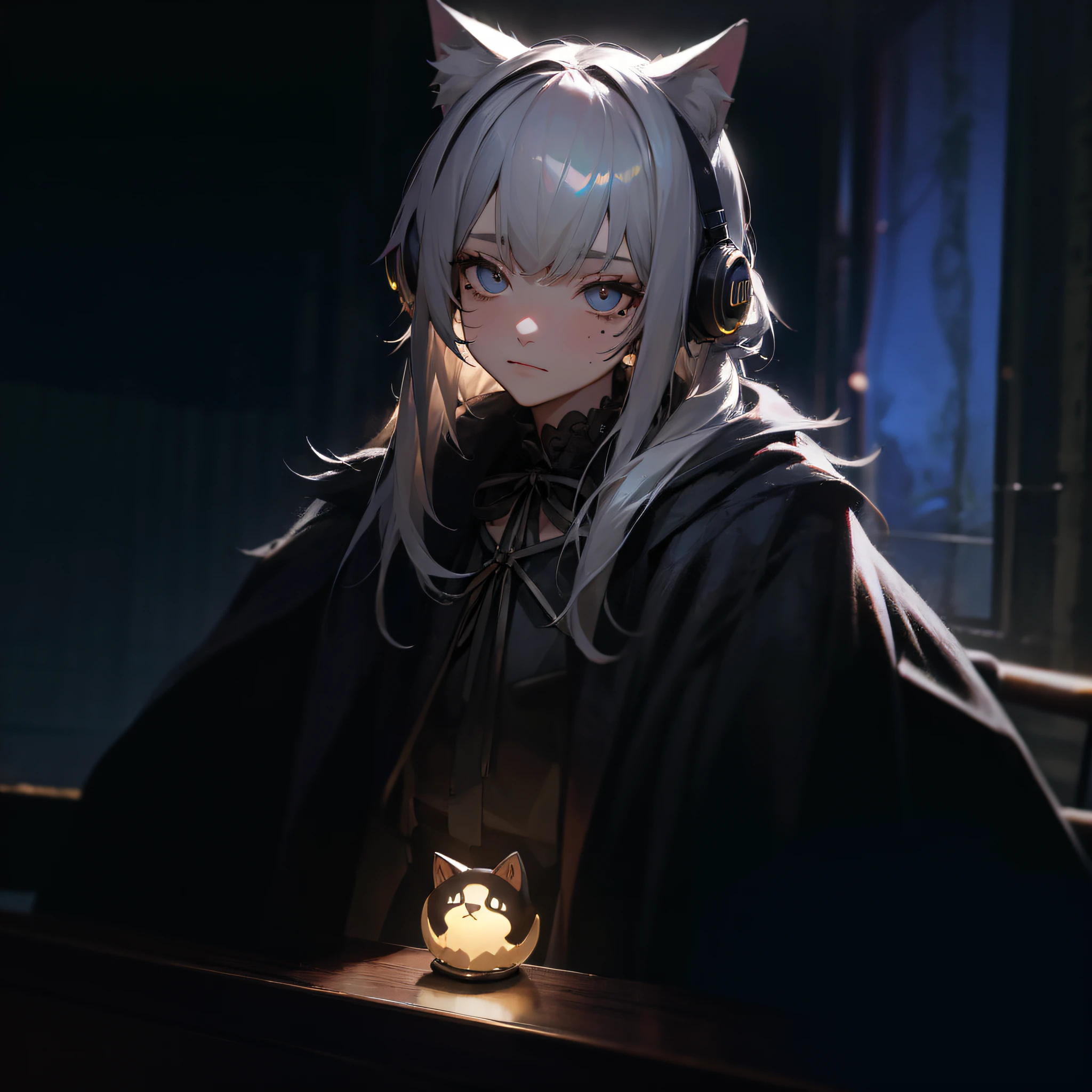 silver hair, shy, cat ear headphones, mole under eye, hollow eyes, ribbon, rococo style, cinematic lighting, UHD, masterpiece, super detail, high details, high quality, 8k --auto
