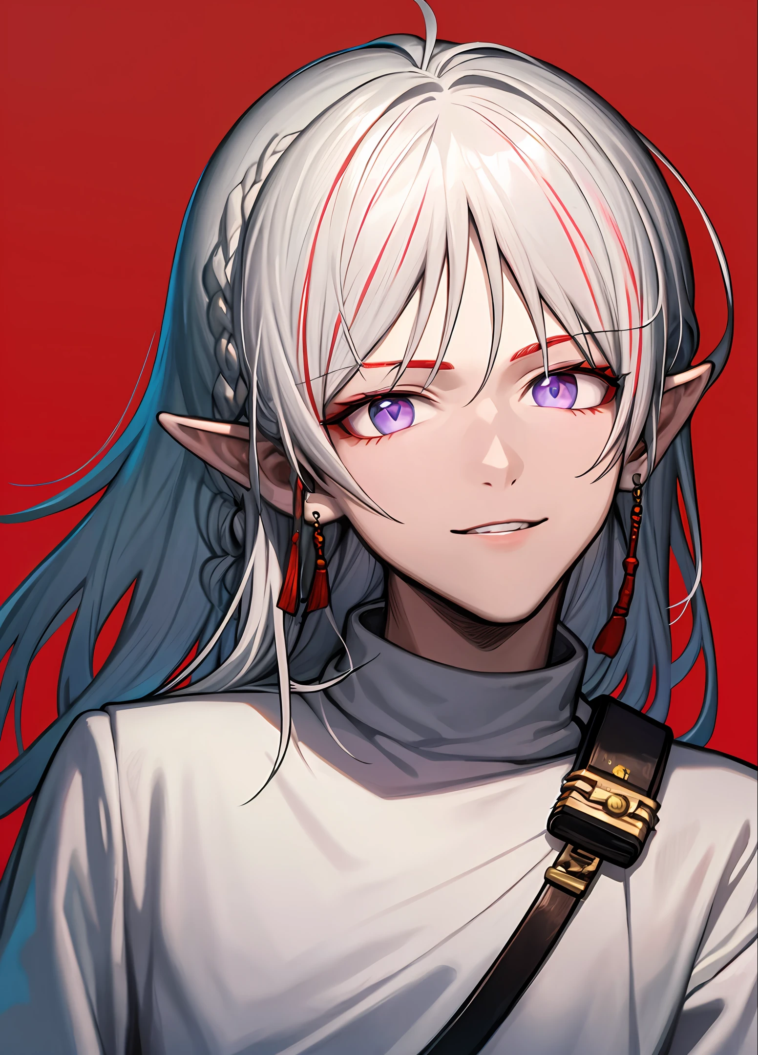 young boy with white hair and red eyes, well-detailed eyes and face, pretty face, wears a white sweatshirt, background with red aesthetics, Very detailed