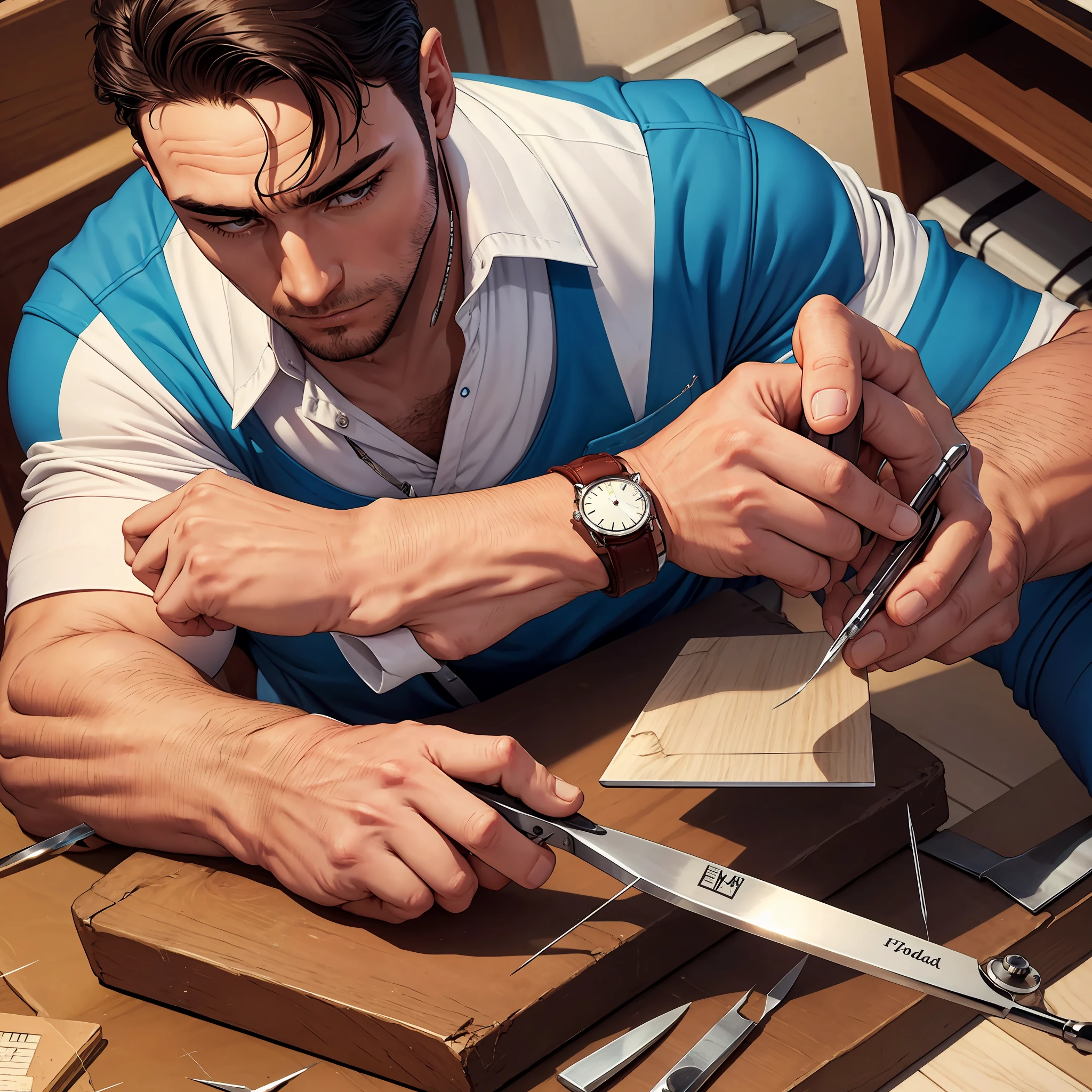 Handsome guy repairing watch with tweezers --auto