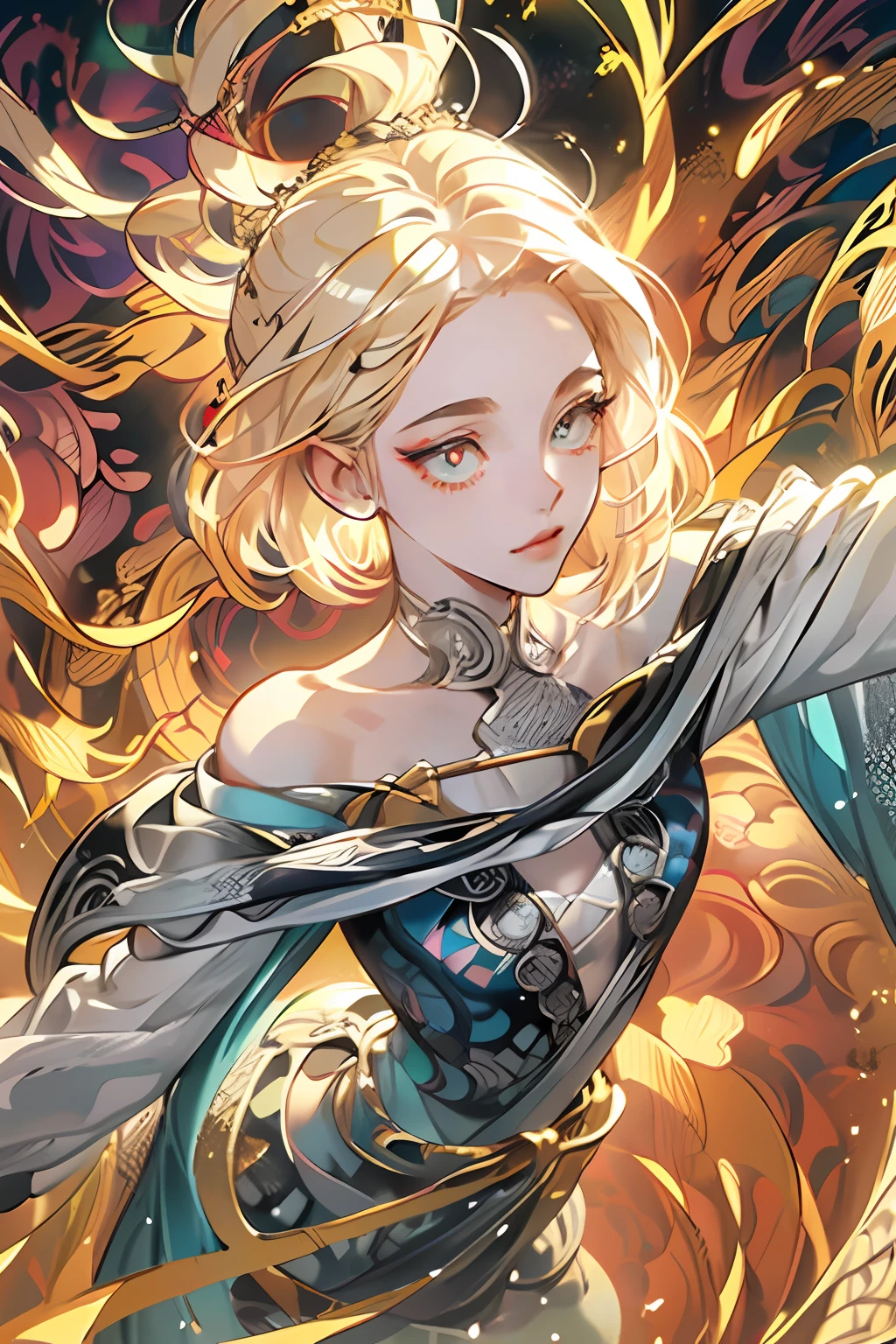 absurd, high resolution, super detailed, 1girl, solo, off-the-shoulder, extremely detailed eyes, ultra-precise depiction, ultra-detailed depiction, (zentangle:1.2), (dynamic pose), (abstract background: 1.5), (triple dress:1.2), short platinum blonde hair, (shiny skin), multiple colors, upper body, (from above)