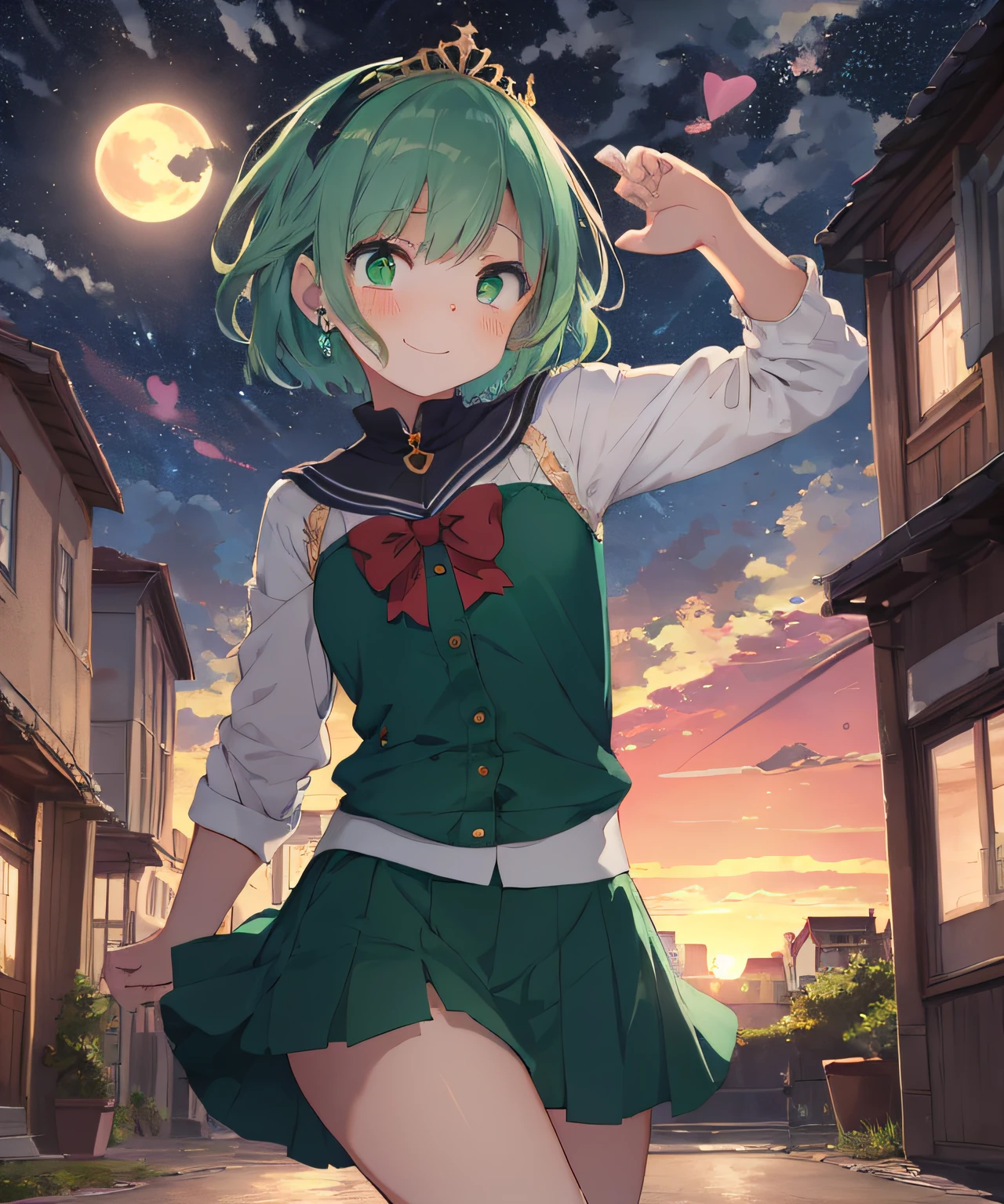 masterpiece, best quality, ultra-detailed, illustration, an extremely delicate and beautiful, cute, girl, energetic, active, masterpiece++, best quality+++, ultra-detailed++, extremely detailed+, cute+, lovely++, ilustration, a child girl, solo, (dancing)+, (buildings)+++, (hearts)+++, (focus background)+++, (beautiful sky)+, (full moon), (sunshine), (sunrise), (starry sky), (powerfull girl)+++, (cute)+, (magic girl)+++, (warrior)++, (beautiful green hair)+++ ,beautiful short hair, (sun), (beautiful night sky)+. (beautiful eyes)+++, (complex eyes)+++, (jewelry)+++, (spells)+++, (electric)+++, (sun emblem), (gold sun), (tiara)++, light smile, cinematic, cinematic light, light effect,
