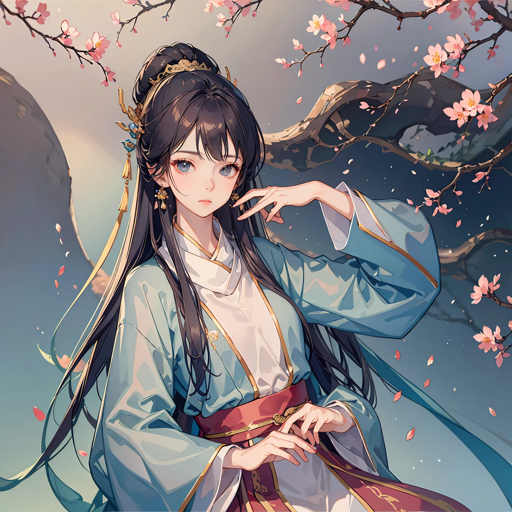 tmasterpiece，Need、Background of details、Detail face，Women wear Hanfu，Long hair shawl，There is gray hair。She concentrates on playing，There are branches and trees around，Also draped in a scarf，Long sleeves。The Hanfu robe covered the mouth，Loose sleeves，with petals falling。 --auto