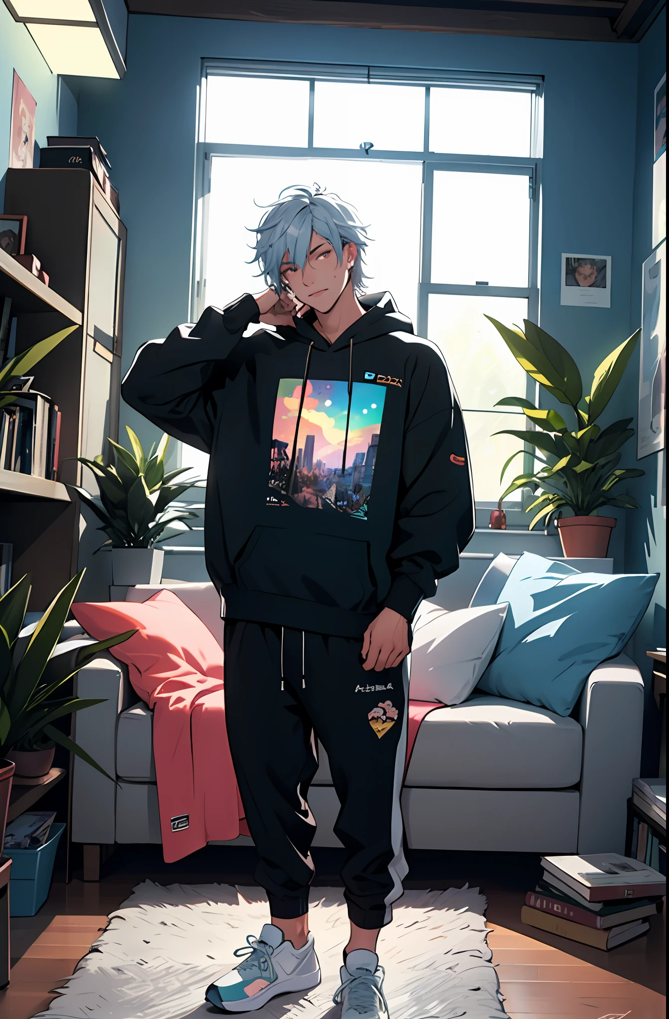 beste-Qualit, 1Woman, 独奏, Hot, grown up, hair light, deep, A detailed eye, Cool hair, piercing eyes, the perfect body, 25 years, Sexual, winning, sitting, Window, stained glass windows, View from the window, night city, neon lights, the panorama, a starry sky, galactic, motley, Full color, феерверк, Sofa, Playful, living room, Cosy, cheery, posters, pillows, blankets, lava lamp, a table, chair, cozy atmosphere, bright colours, soft pastels, Flowers, Plants, Books, novels, plushies, Statuettes, posters, PICTURES, posters, wall scrolls, Stickers,  Ornaments, bed, blankets, pillows, warm blankets, comfortable clothes, casual wear, leisure wear, hoody, sweatpants, briefs, tshirt, t shirt, ankle socks, sneakers, curvy legs