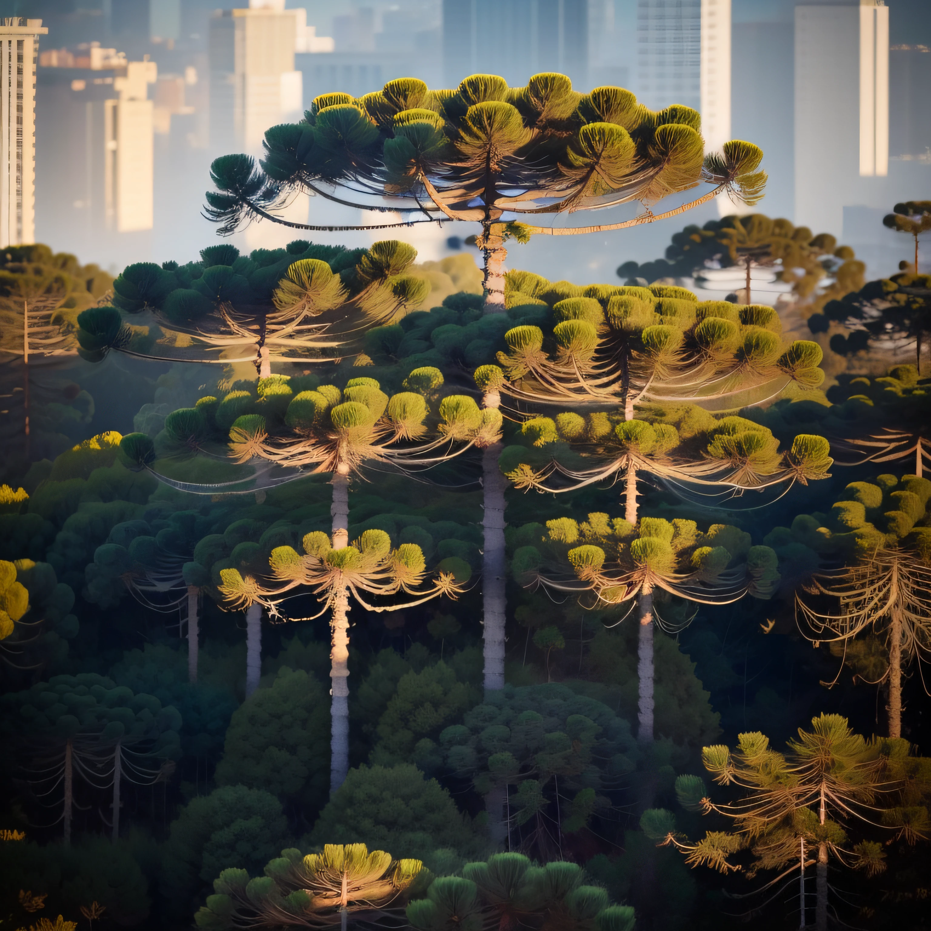 floresta de araucaria em um campo, luz perfeita, ultrarealista