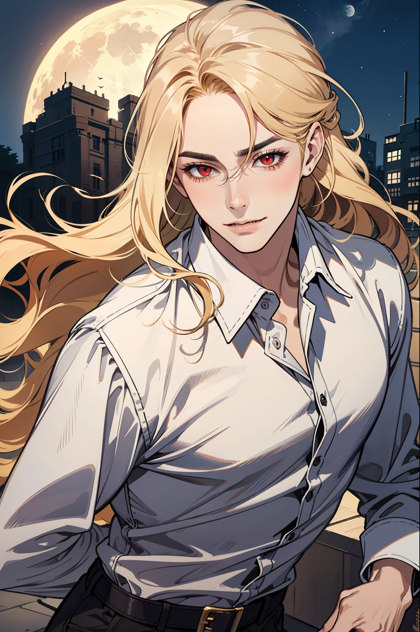 (absurdres, highres, ultra detailed), 1man, 30 years old man, adult man, handsome, tall,, finely detailed eyes and detailed face, leather pants, (((white shirt))), night, smile, dutch angle, ((long hair, blonde hair)), moon, gold details, gothic, vampire, vampire prince, dark, simple clothes, looking at the view, pale skin, red detailed eyes, (masculine), sexy, elegant, long bangs, detailed hands, (((red eyes)))