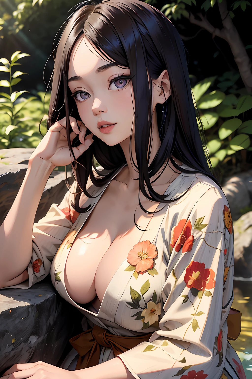 Alafeld Asian woman in floral dress sitting on a rock, Yoshitomo Nara, Sexy :8, sakimichan, Middle Metaverse, Chiba Yuda, Japanese goddess, deayami kojima, Japanese model, chengyou liu, sie boob, cleavage