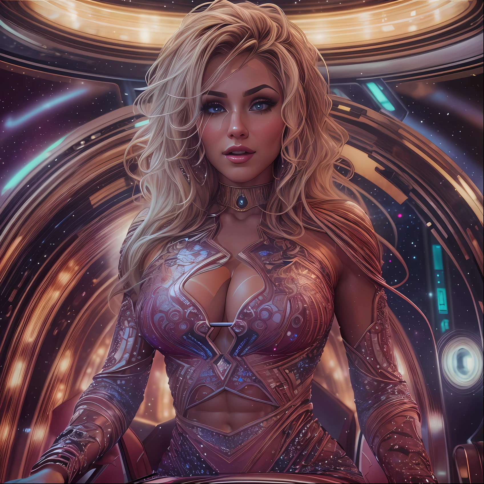 (RAW Photo), (Hyper Realistic, best quality),8k,(realistic, photo-realistic:1.3), Masterpiece,ultra high res, Stunning, ((Beautiful 35 years old Brazilian Milf Woman:1.3), (Suntan-Skin:1.4), (Athletic_Body-ABS:1.3), (fleshy luscious lips:1.3), (Sitting on a Intricate Futuristic Throne on Space Galaxy:1.3)), ((Gorgeous Long Curly Hair:1.1), (Blonde Hair:1.5)), (Sexy Egyptian Jewels Cut Dress with Intricate Galaxy Bioluminescen Effects Long Sleeves:1.3), (high detailed skin:1.3), (Cleft_Chin:1.3), (Pubic Hair:1.3), Huge Breasts, Cleavage, (Perfect Face:1.3), (beautiful detailed eyes:1.3), naughty face, looking at viewer, Sexy, full-body,natural lighting, (Film grain, Fujifilm XT3, 8k uhd, dslr, Lens), hollywood lips, wide jaw line, wide lips, narrow beautiful nose, Cinematic, (maximalist photo 8k resolution, intricately detailed, complex, elegant, expansive, fantastica), Hyper-detailed, insane details, Beautifully color graded, Unreal Engine, DOF, Super-Resolution, Megapixel, Cinematic Lightning, Anti-Aliasing, FKAA, TXAA, RTX, SSAO, Post Processing, Post Production, Tone Mapping, CGI, VFX, SFX, Insanely detailed and intricate, Hyper maximalist, Hyper realistic, Volumetric, ultra photoreal, ultra-detailed, intricate details, Super detailed, Full color, Volumetric lightning, HDR, Realistic, Unreal Engine, 16K, Sharp focus, octane render