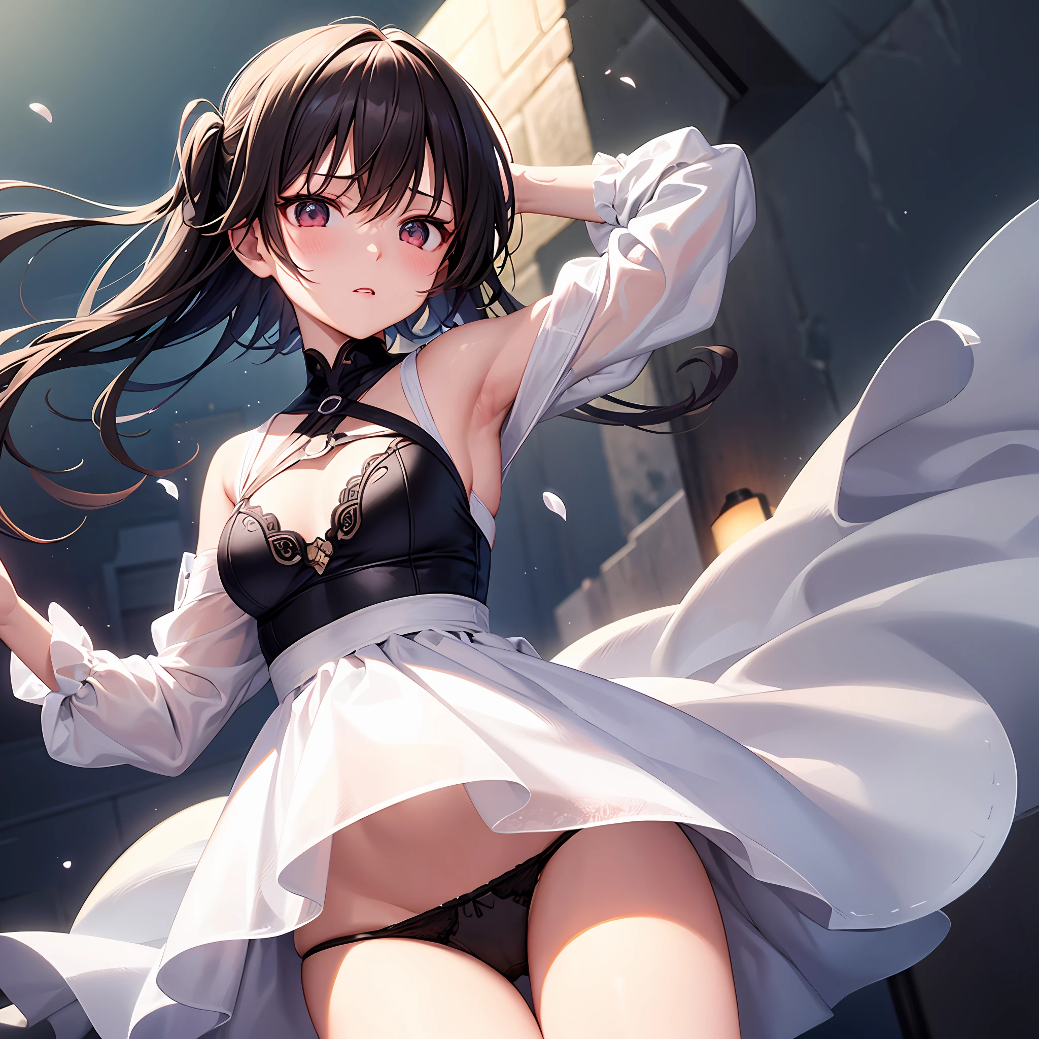 top-quality、​masterpiece、1girl in、Dark hair、Akame、White clothes、dress、look down on、upper body、light skinned、a short bob、underwear is showing、black panty