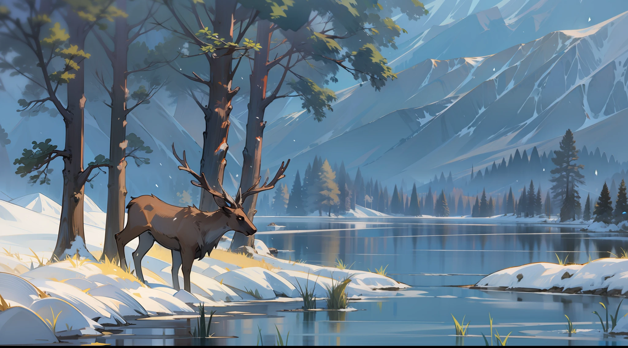 elk，small stream，ln the forest，morning glow，snow mountains