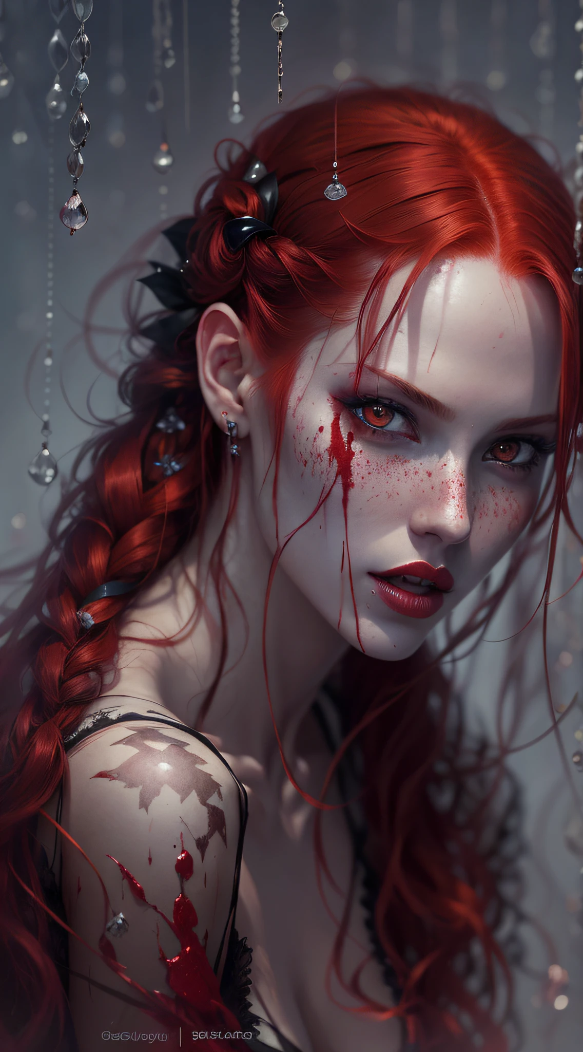 red-haired woman with blood dripping on her face and red hair, stunning digital illustration, beautiful digital artwork, hyperrealistic fantasy art, deviantart artstation cgscosiety, 4k highly detailed digital art, realistic digital art 4k, realistic digital art 4 k, beautiful fantasy art portrait, cgsociety portrait, Fantastique Art Behance, Fantastic art portrait, digital fantasy art )