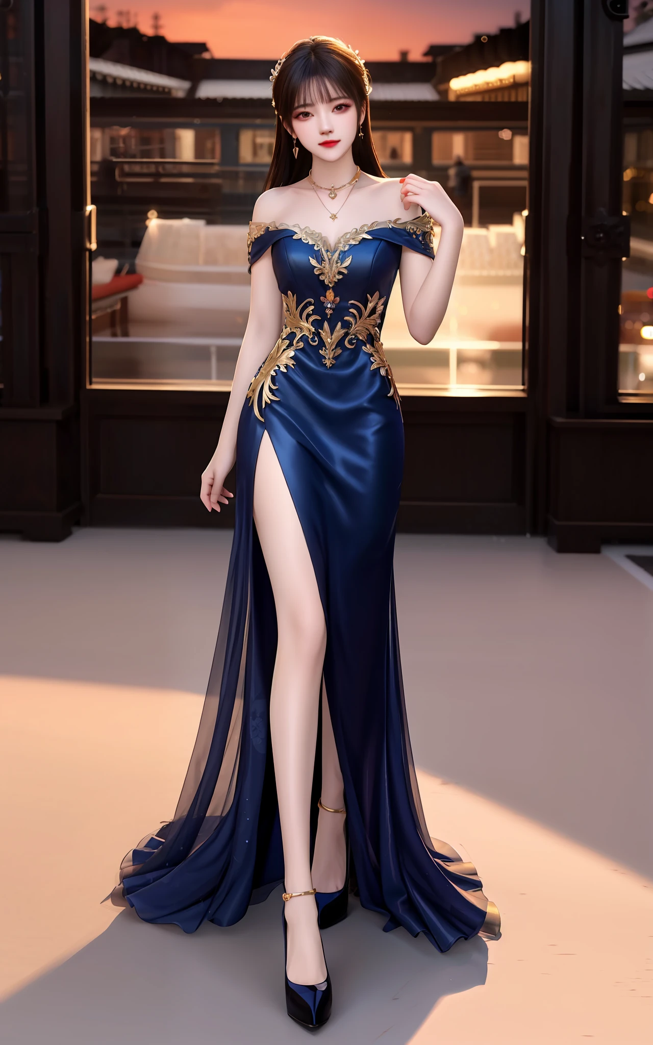 best qualtiy, tmasterpiece, A high resolution, 1girll, Full body photo,high-heels,Jade foot,Porcelain dress, hair adornments, choker necklace, jewely, beauitful face, after sexing_Body, Tyndall effect, realisticlying, Dark Studio, edge lit, twotonelighting, (highdetailskin:1.2), 8K, Ultra HD, digital SLR camera, gentle illumination, high high quality, Volumetriclighting, Frankness, photore, A high resolution, 4K, 8K, Bokeh, .Gold style, buliding