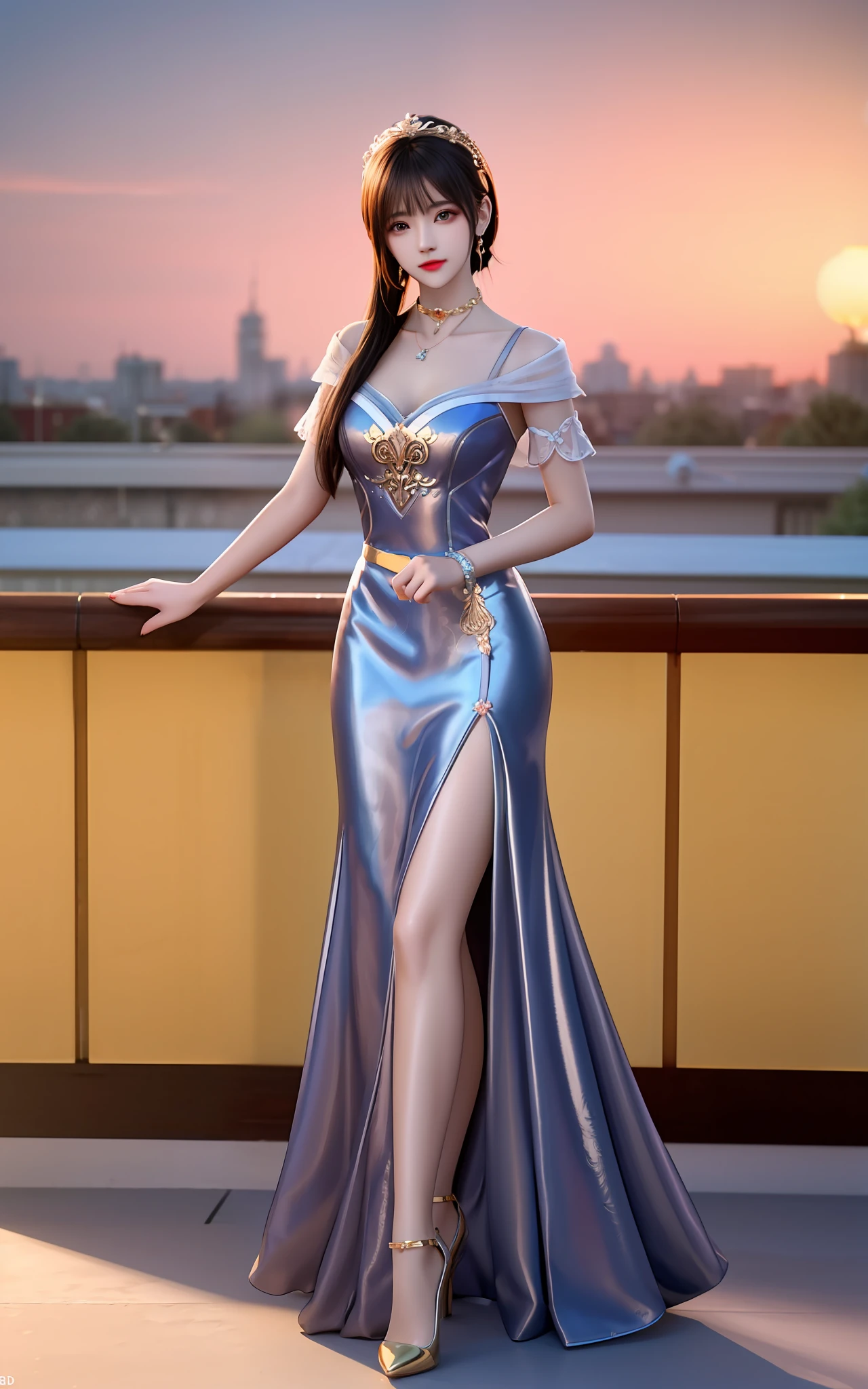 best qualtiy, tmasterpiece, A high resolution, 1girll, Full body photo,high-heels,Jade foot,Porcelain dress, hair adornments, choker necklace, jewely, beauitful face, after sexing_Body, Tyndall effect, realisticlying, Dark Studio, edge lit, twotonelighting, (highdetailskin:1.2), 8K, Ultra HD, digital SLR camera, gentle illumination, high high quality, Volumetriclighting, Frankness, photore, A high resolution, 4K, 8K, Bokeh, .Gold style, buliding